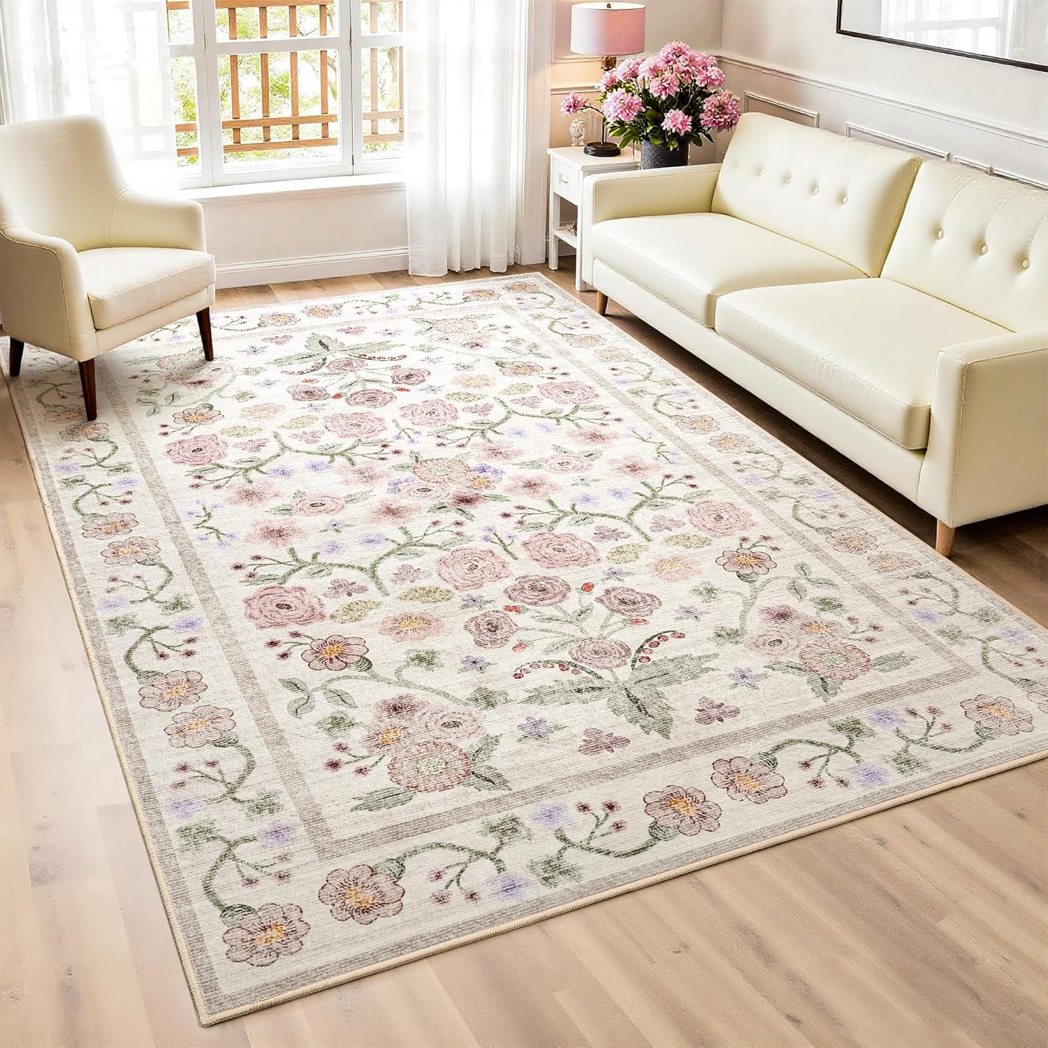Grand tapis salon lavable fond antidérapant beige rose 200x280