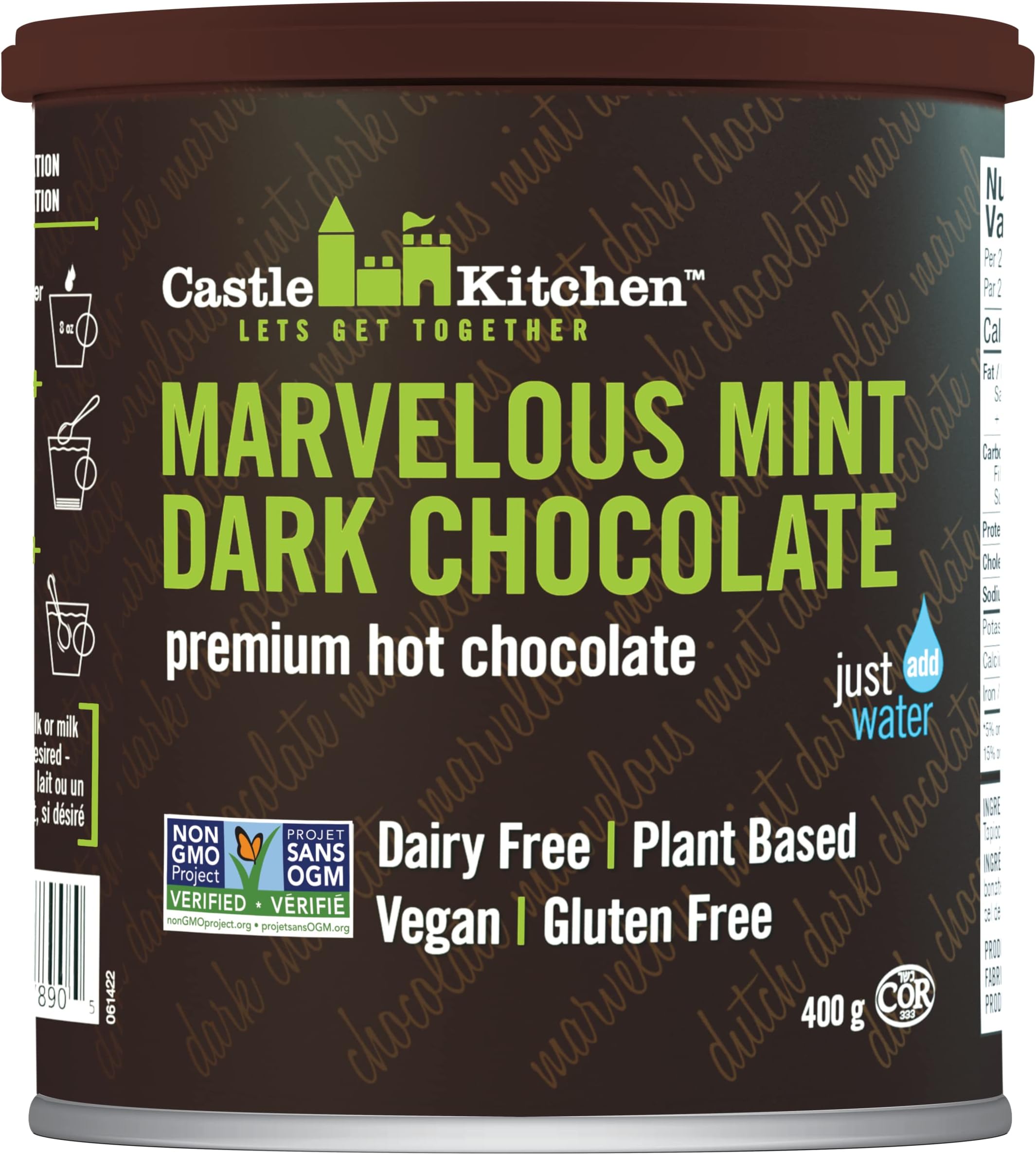 Castle Kitchen Marvelous Mint Dark Chocolate Premium Hot Cocoa Mix - Dairy-Free, Vegan, Plant Based, Gluten-Free, Non-GMO Project Verified, Kosher - Just Add Water - 14 oz