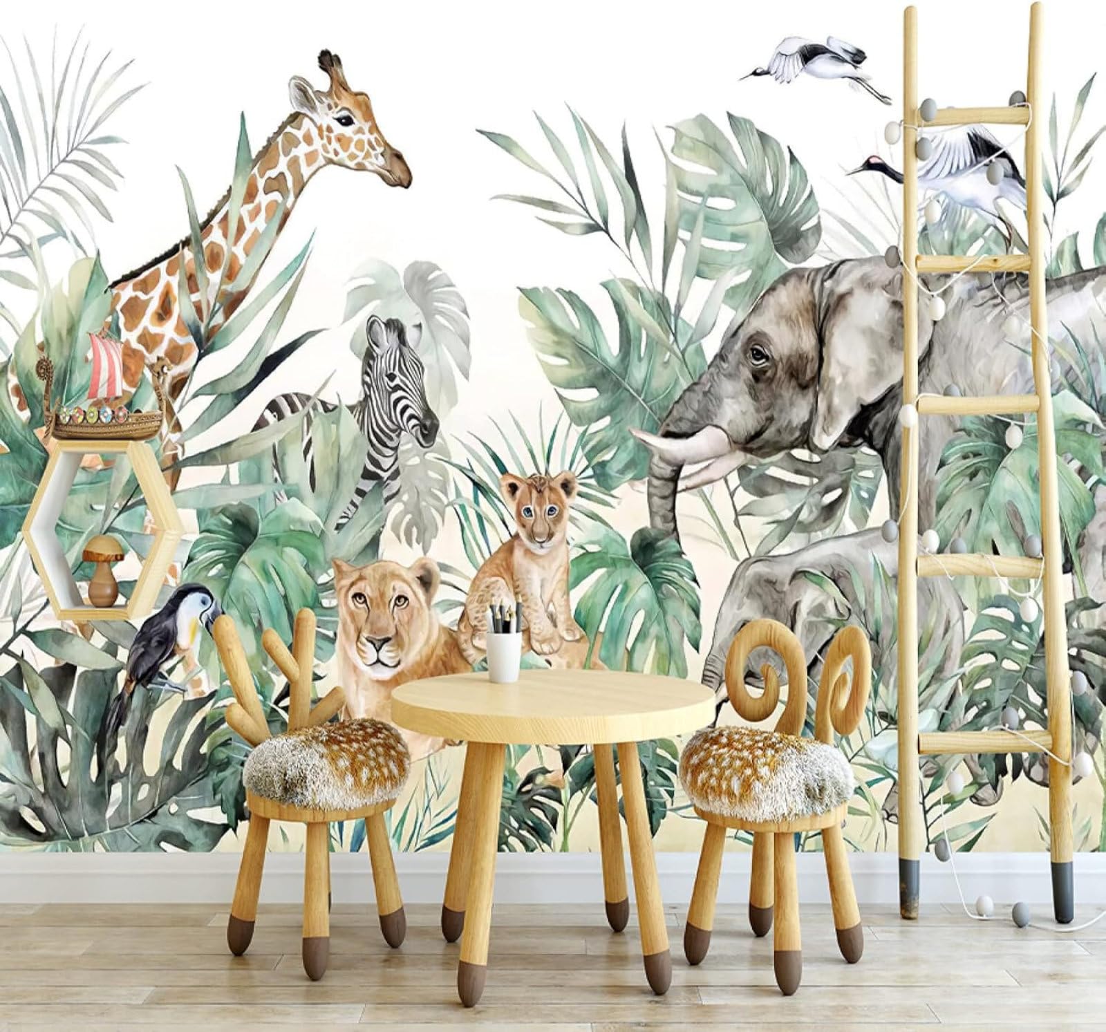 Tzxztt 350Cm×256Cm(B×H) Hand Drawn Fresh Small Animals Elephant Jungle Modern 3D Wallpaper Premium Textured Silk Neutral Tones Material Ideal For Living Room Bedroom-350Cm×256Cm