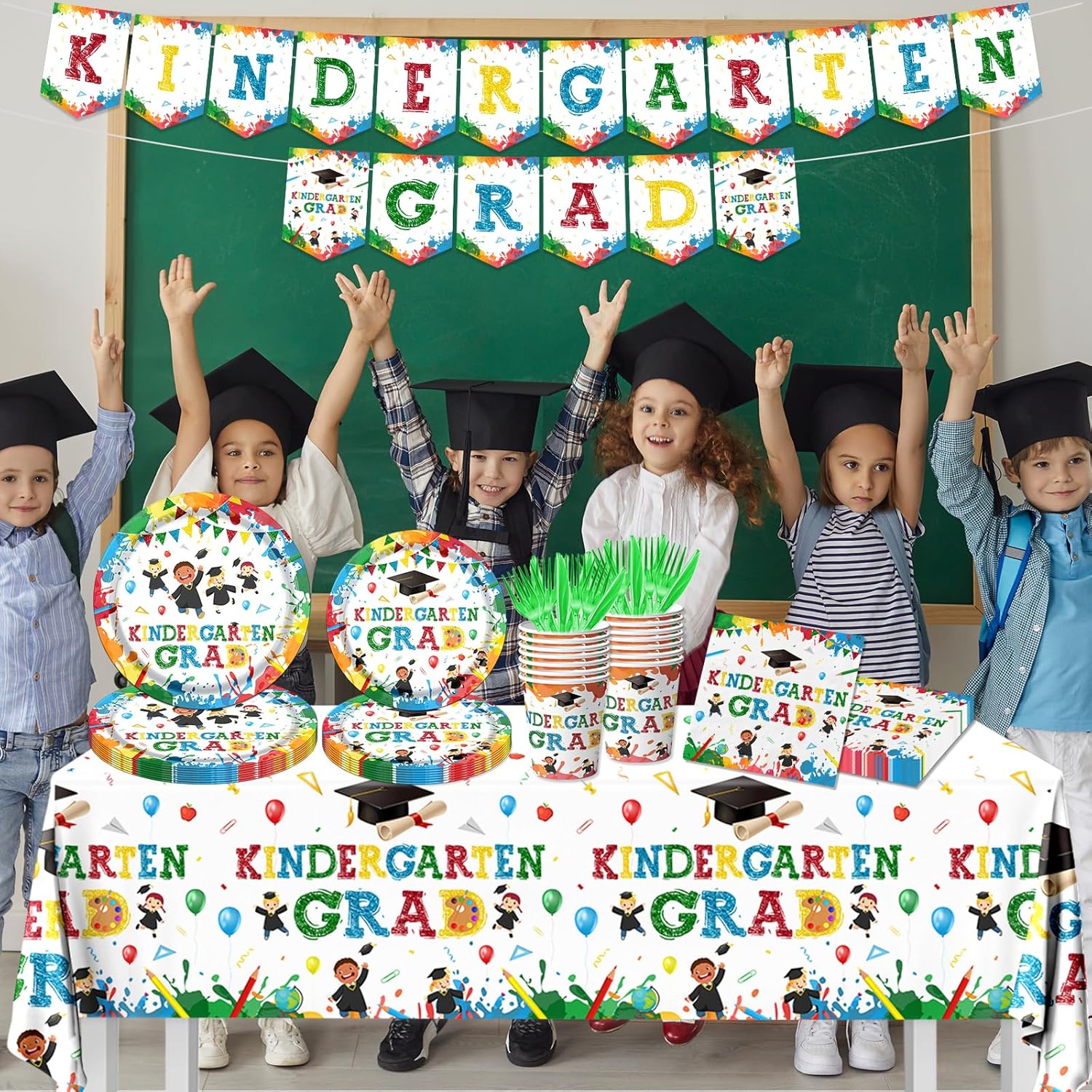 Kindergarten Graduation Decorations- 142Pcs Happy Kindergarten Graduation Tableware Set Include Plates, Napkins,Cups, Banner, Tablecloth for Kindergarten Congrats Grad Party Supplies, Serve 20