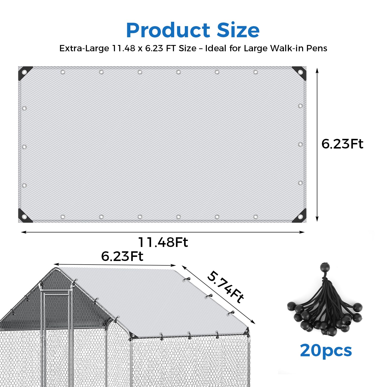 3,5×2 m Chicken Coop Cover, Allwetter-PE-Sonnenschutz, wasserdicht & UV-beständig, Winterdeckel für Hühnerläufe mit 20 Kugelgummischnüren, geeignet für große begehbare Hühnergehege