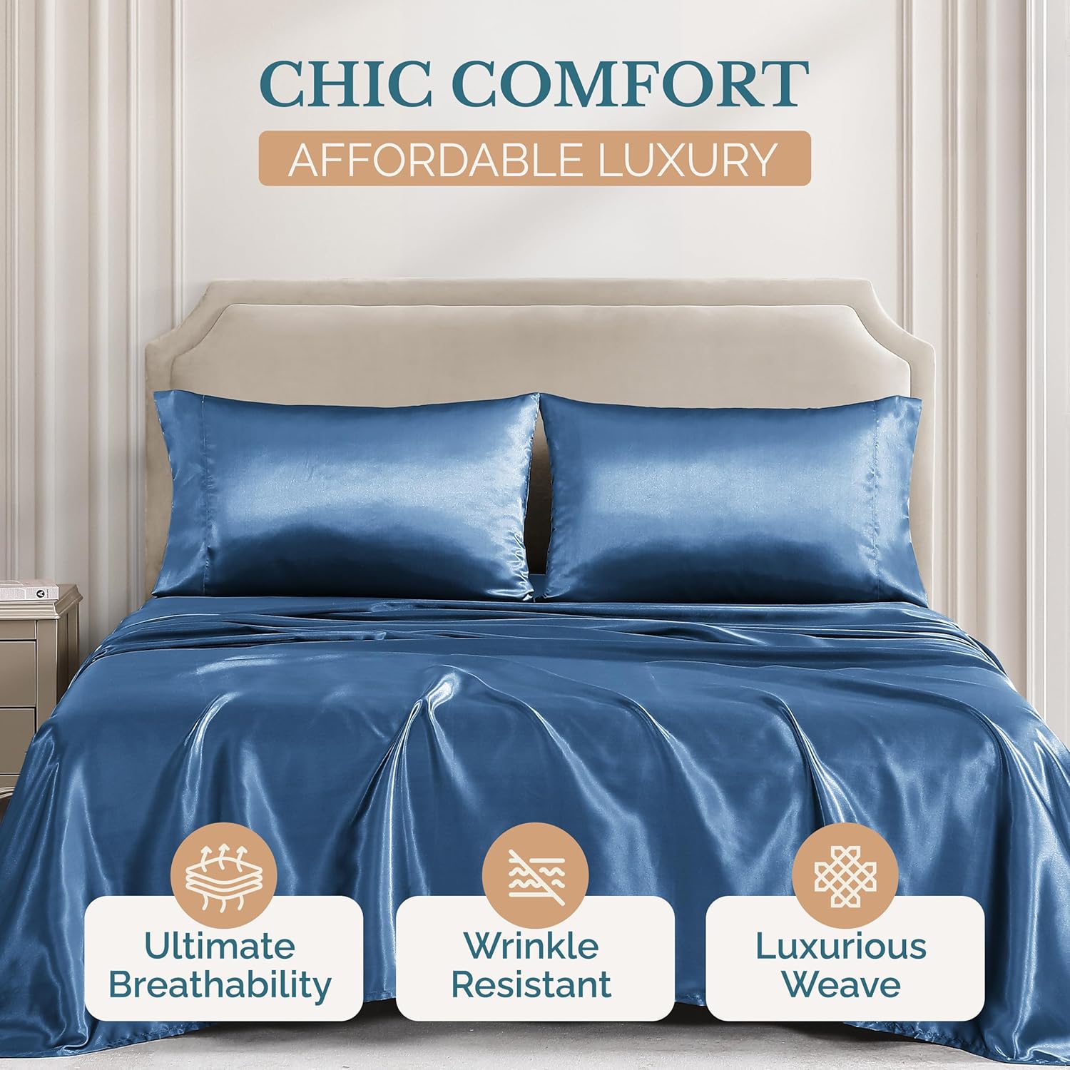 Casa Platino Satin Sheets Cal King Size - Smooth Cal King Sheets with 15 Inch Deep Pocket Fit, Silky Soft, Great for Hot Sleepers, Helps with Hair Protection, Wrinkle-Resistant - Dark Blue