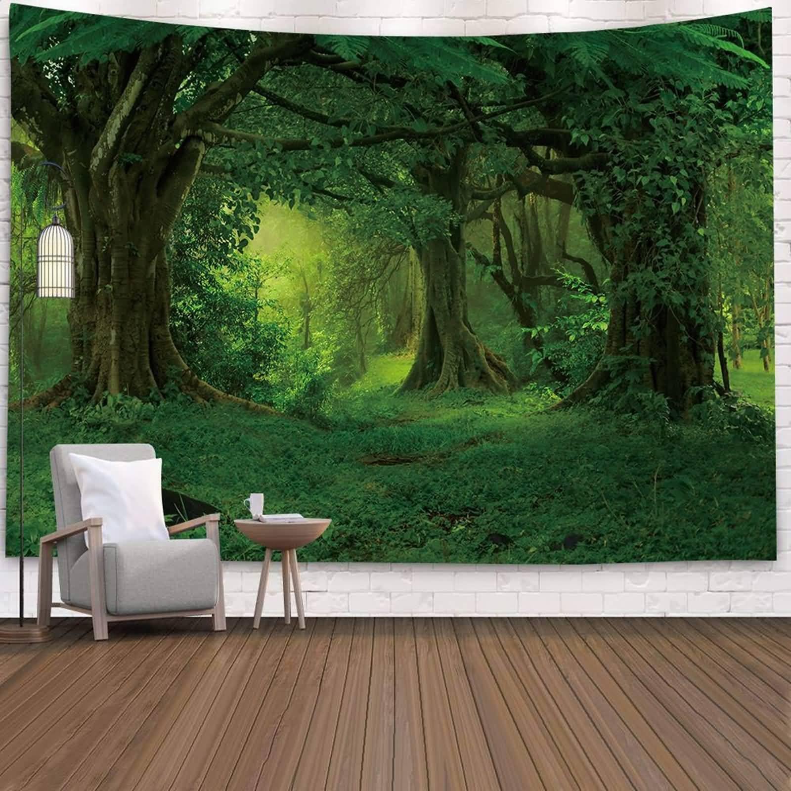 Tapisserie forêt brumeuse grand format motif paysage naturel vert premium