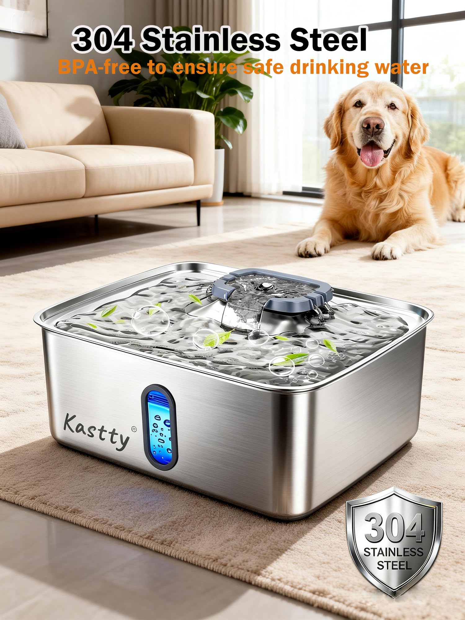 Kastty Fuente de agua para perros de acero inoxidable de 15 litros, dispensador de cuenco de agua para perros de gran capacidad, luz LED silenciosa, triple filtración, sin BPA, fuente de agua