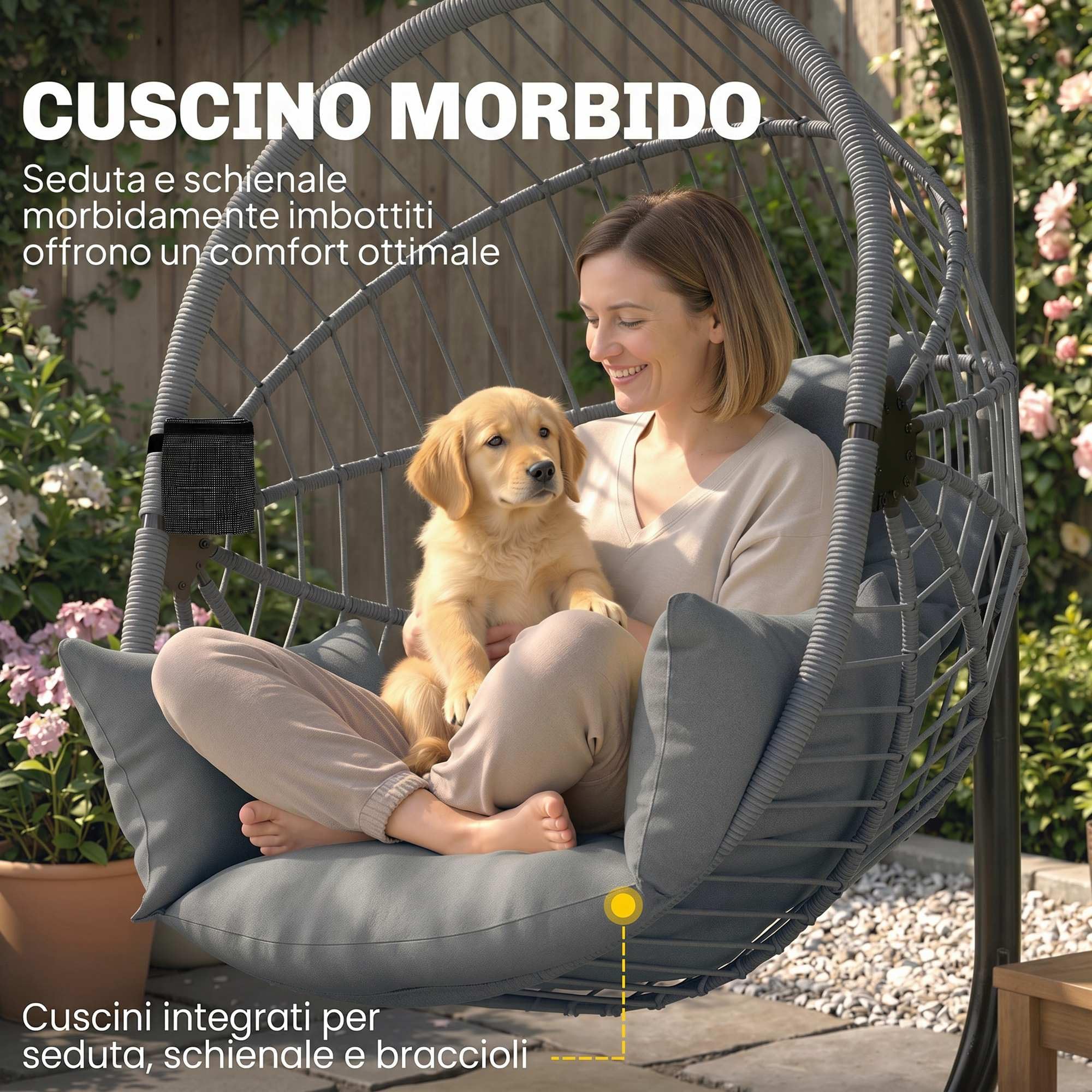 Outsunny Silla Colgante Huevo con Soporte Columpio Jardín Exterior con Cesta Plegable Cojín y Reposacabezas Columpio Colgante para Interior y Exterior Carga 120 kg Gris