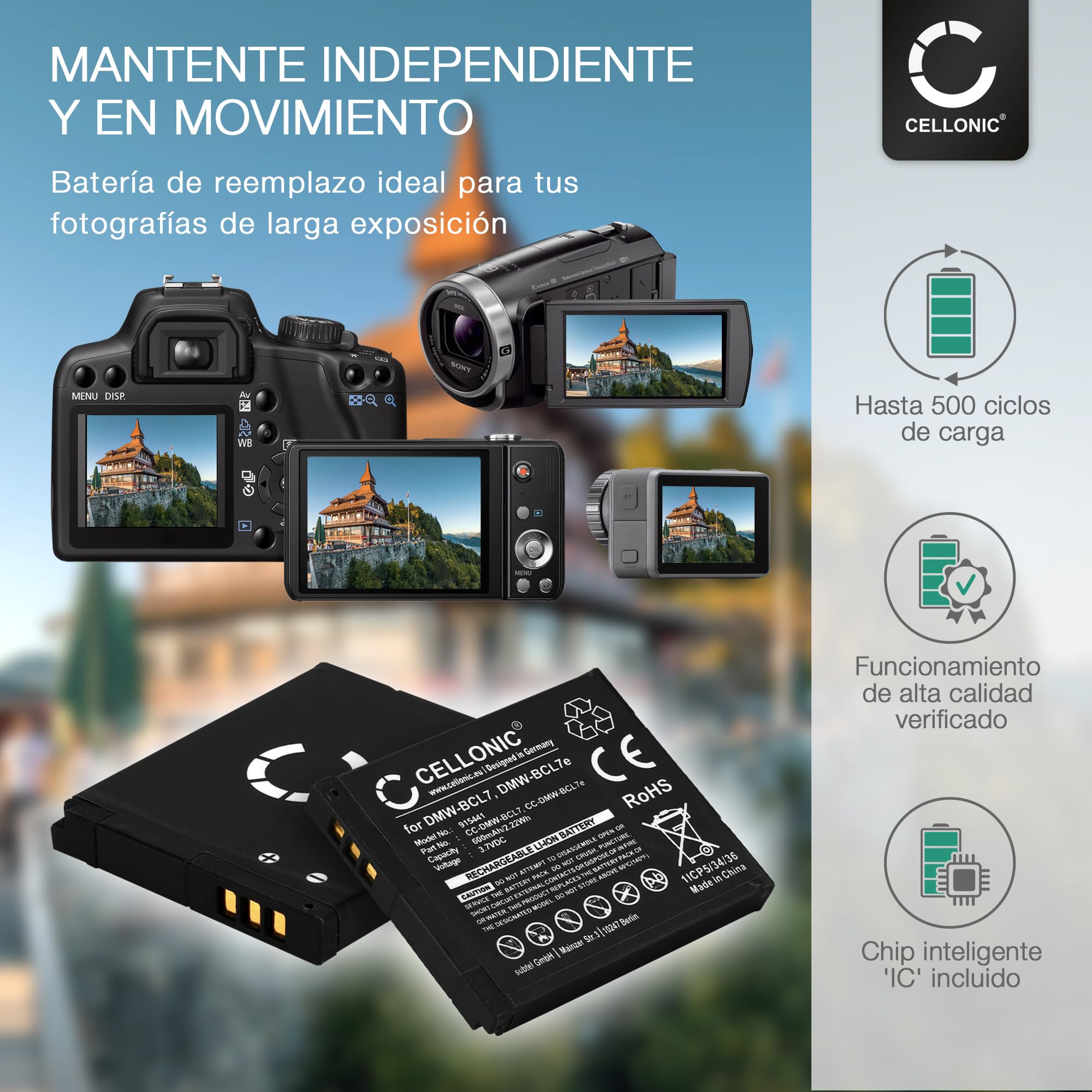 Pack De 2 Baterías + Cargador CELLONIC Para Panasonic Lumix DMC-SZ9, DMC-SZ10 Y DMW-BCL7 – 600mAh 3.7V