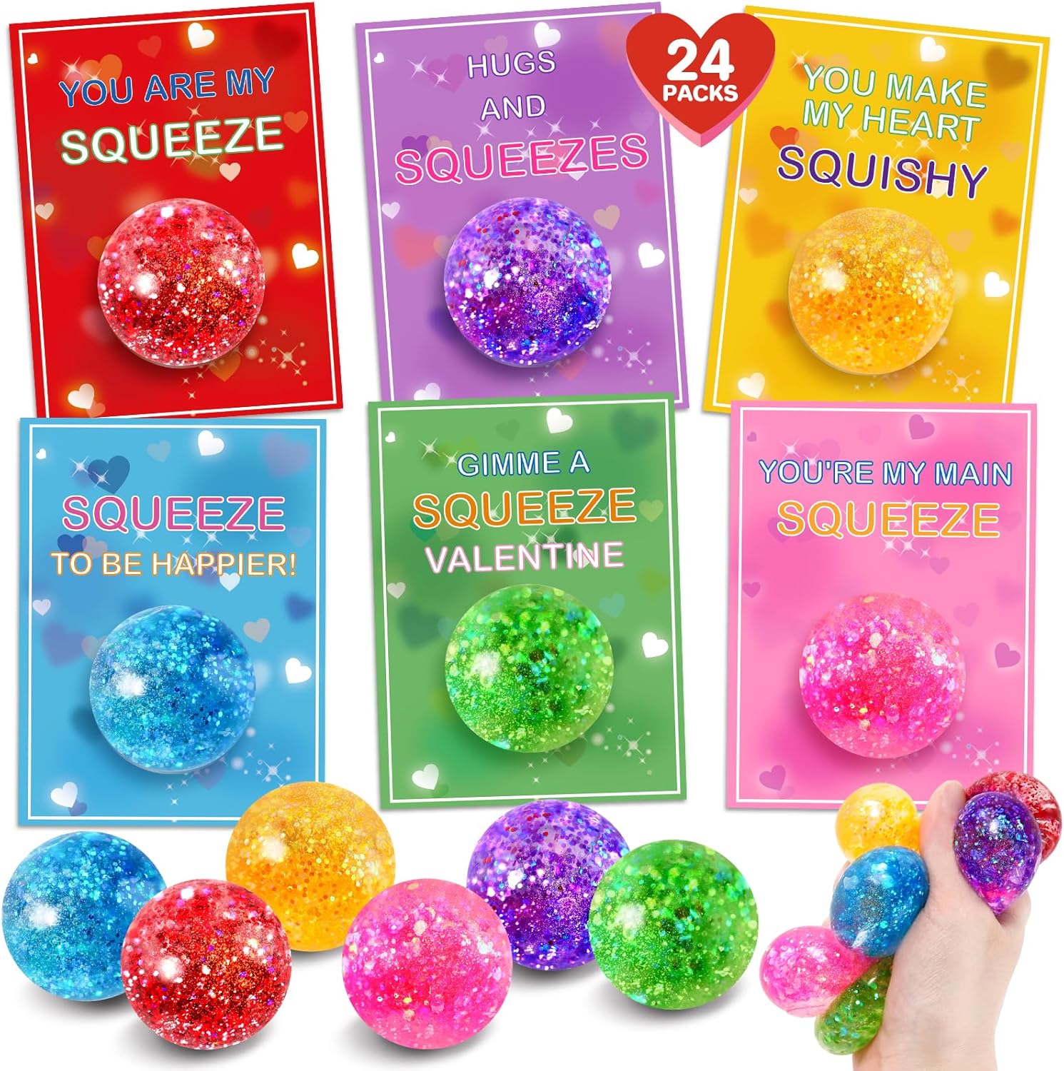 24 Pack Valentines Day Cards for Kids School, Valentines Day Cards with Squeeze Balls Toys for Kids Classroom Exchange, Valentines Day Gifts Squeeze Toys Bulk for Classroom Prizes Party Favors