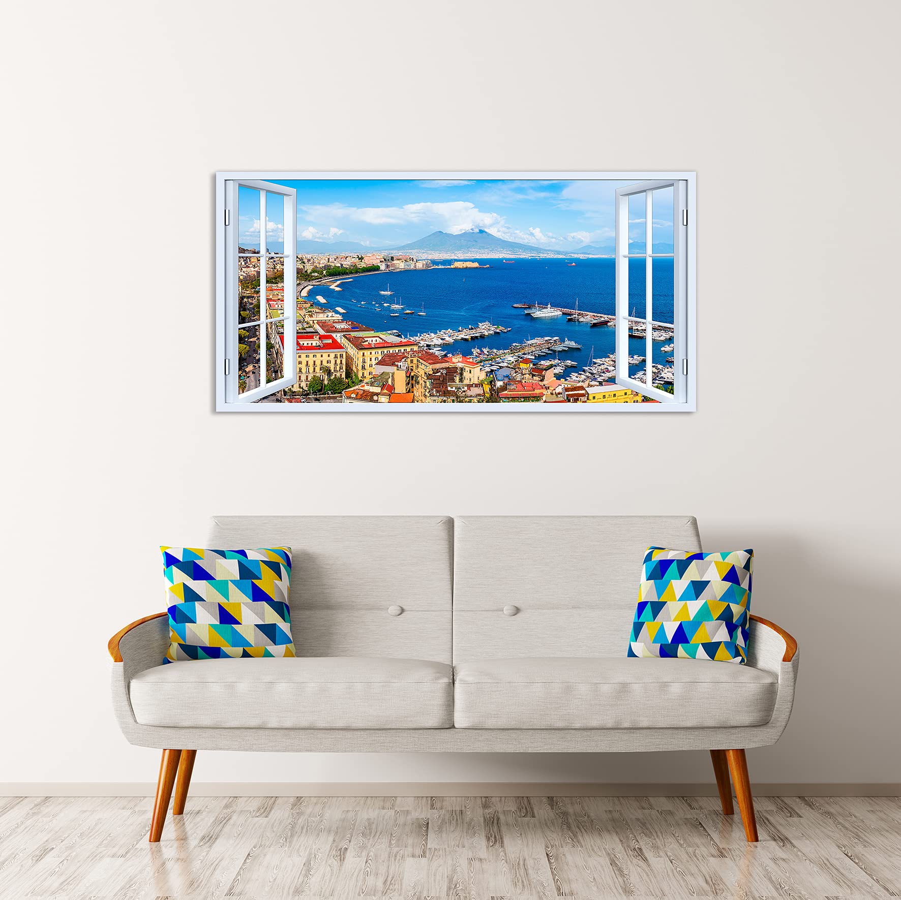 LuxHomeDecor Quadro finestra sul golfo di Napoli vesuvio 100x50 cm Stampa su Tela con Telaio in Legno Arredamento Arte Arredo Moderno