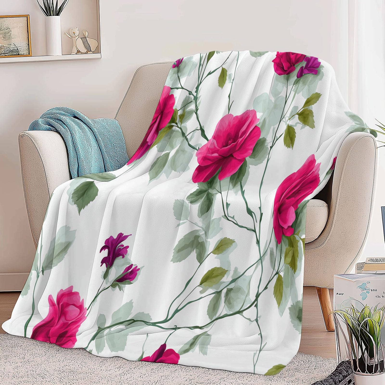 Genérico Manta de Forro Polar de Franela 220 x 240 cm, Crema Manta Estampada con Retro Flores Rosas Rosadas Enredaderas - Invierno Calentitas para Niñas Niños Adultos