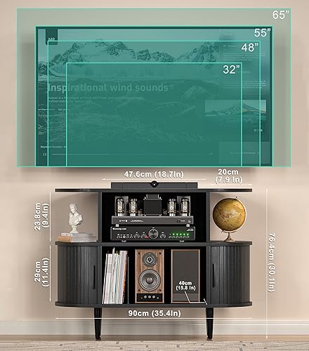 Miniatura 4 de Soporte de TV pequeño estriado de 35.4 pulgadas, soporte de TV moderno de mediados de siglo para dormitorio, centro de entretenimiento de TV con