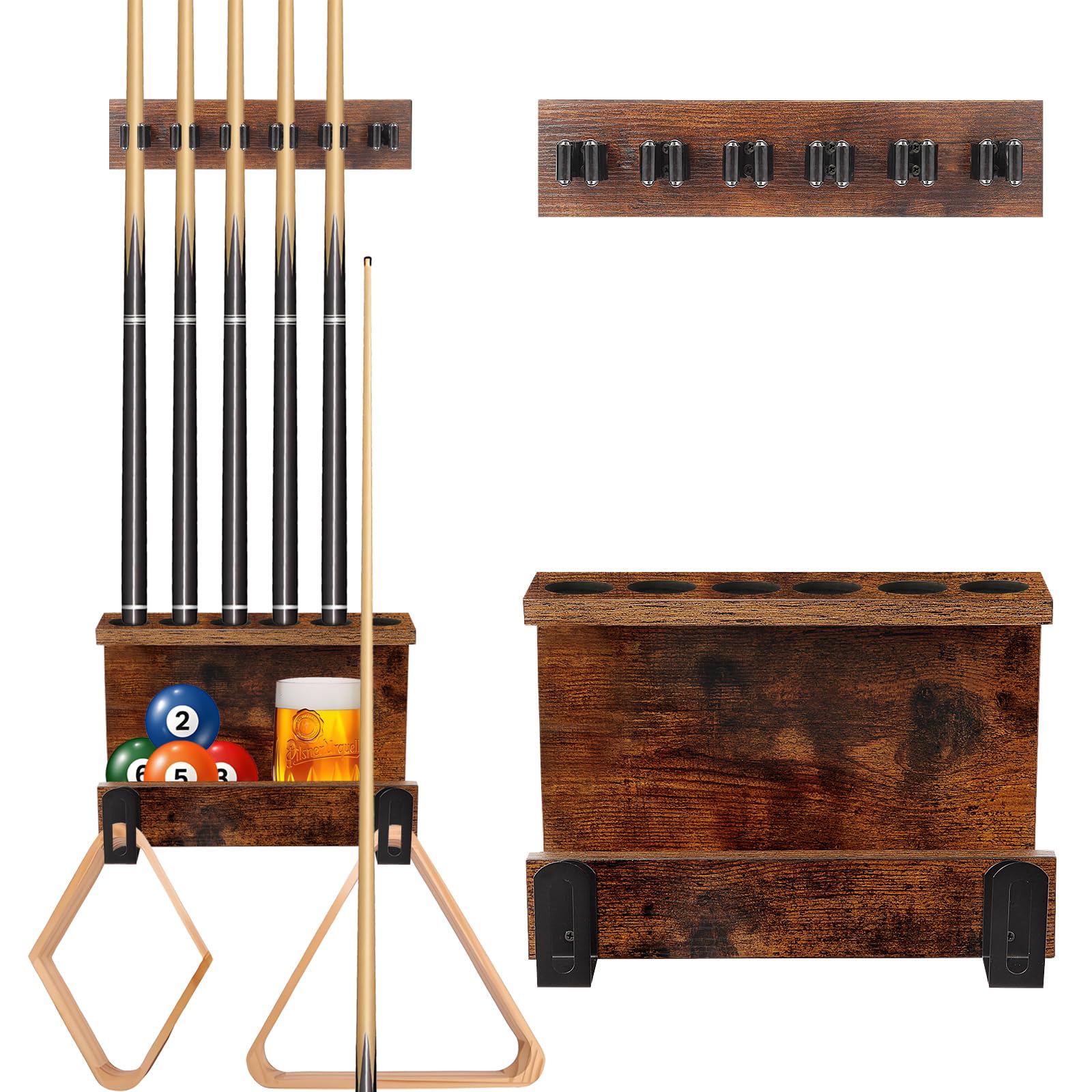 Supporto da parete per bastone da biliardo, organizer per 6 stecche da biliardo, organizer per accessori da biliardo con spazio sicuro, resistente supporto per stecca da biliardo in legno per