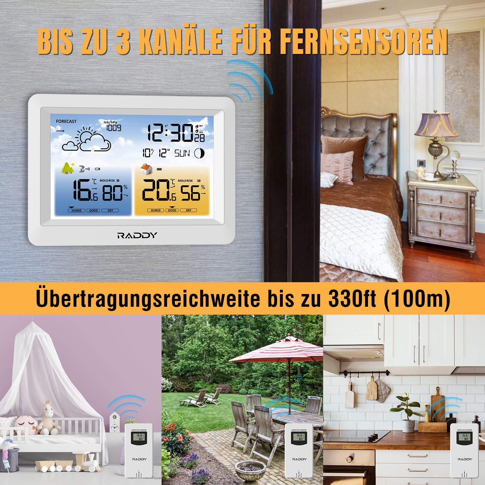 Raddy WM6 Wetterstation funk mit Außensensor Wireless Indoor Outdoor Thermometer Hygrometer Barometer mit eingebautem 2000mAh Akku, DCF-Funkuhr, Wettervorhersage, Schimmelpilzwarnung für Zuhause