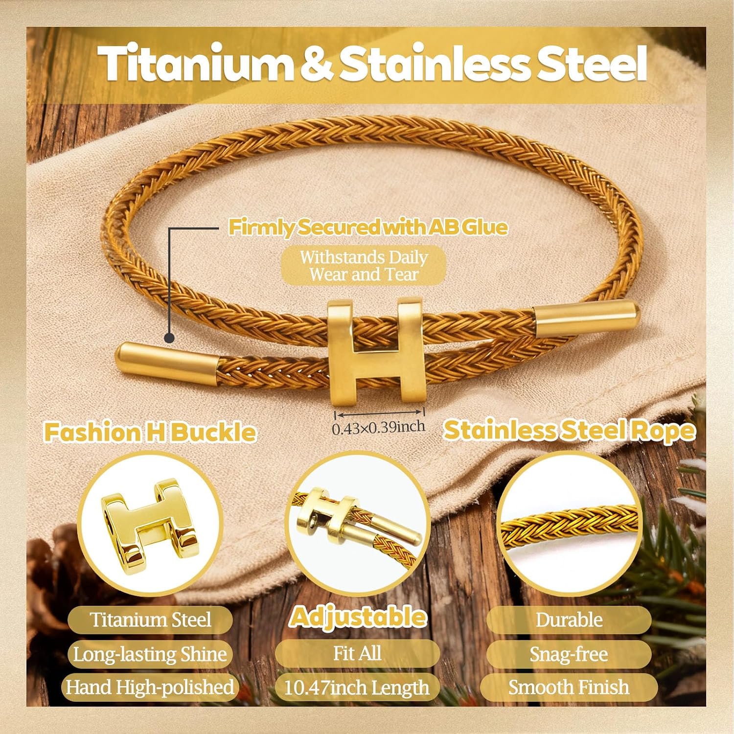 Gold Bracelets for Women Trendy: Adjustable Non-tarnish Stainless Steel Rope Bracelet with DIY Card & Jewelry Pouch - Minimalist Design Easily Stackable with Watch Bangle - Mothers Day Gifts image 3