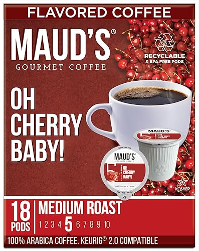 Maud's Café con sabor a cereza (Oh Cherry Baby!), 18 ct. Cápsulas de café reciclables con sabor a cereza de una sola porción producidas por energía