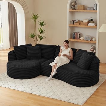 121 Modular Sectional Sofa, Oversized Cloud Couch with Deep Seat L Shaped Sofa with Left Chaise Corduroy Boneless Sleeper Sofa Couch No Assembly Needed for Living Room Apartment, Black