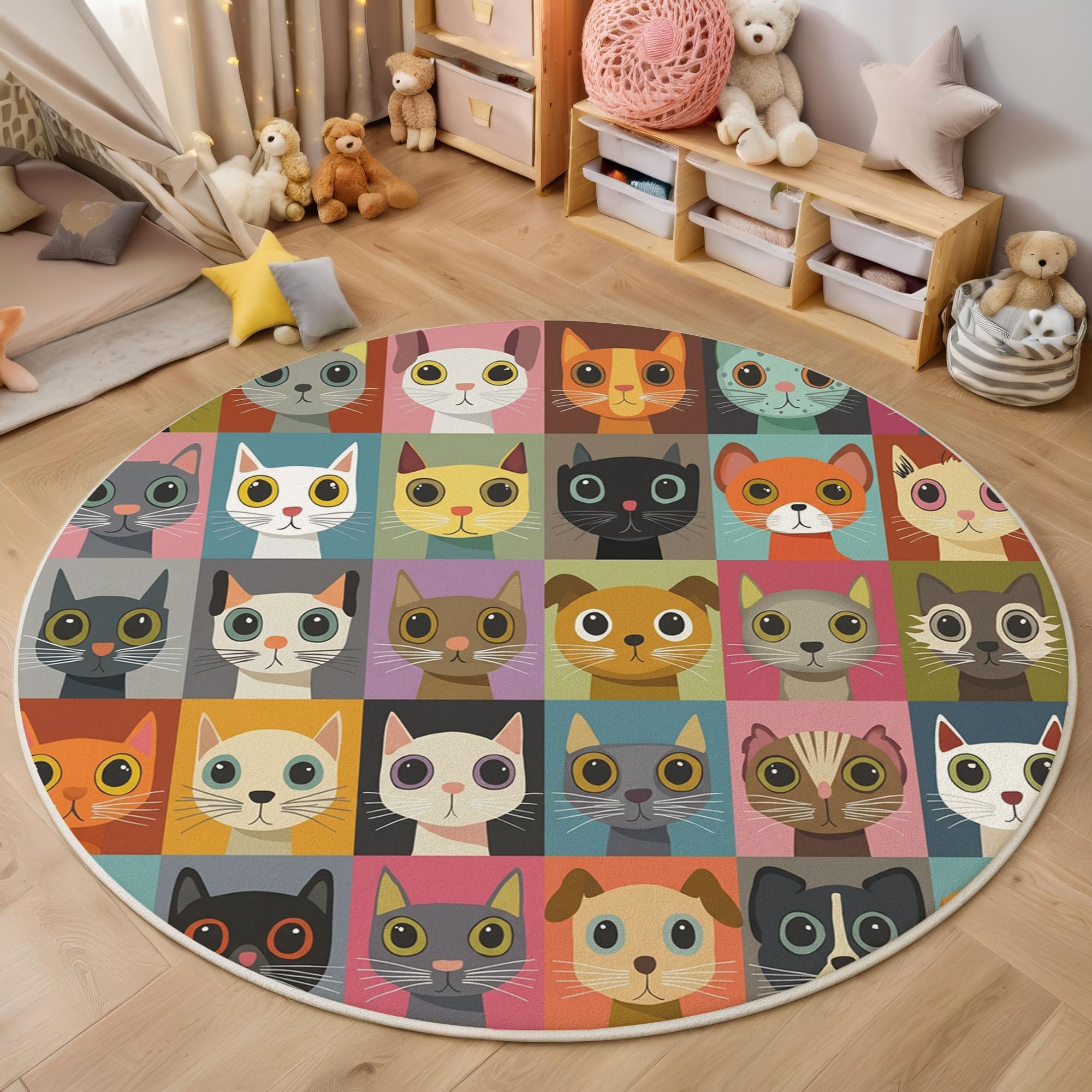 Tapis rond tête de chat collage 160cm lavable et antidérapant pour salon