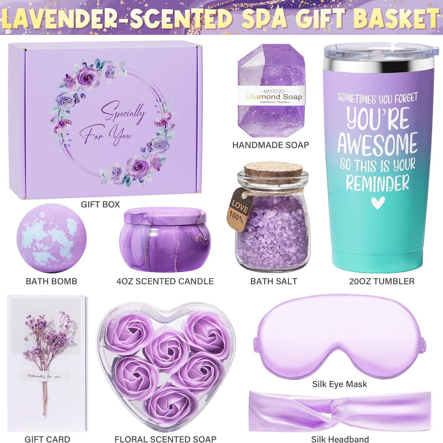 Birthday Gifts for Women Friendship, Lavender Relaxing Spa Gifts Basket for Women Self Care Gifts, Thank You Gifts Bath Set Valentines Day Gifts for Mom Her Friends Wife Sister Coworker Nurse Teacher - Image 3