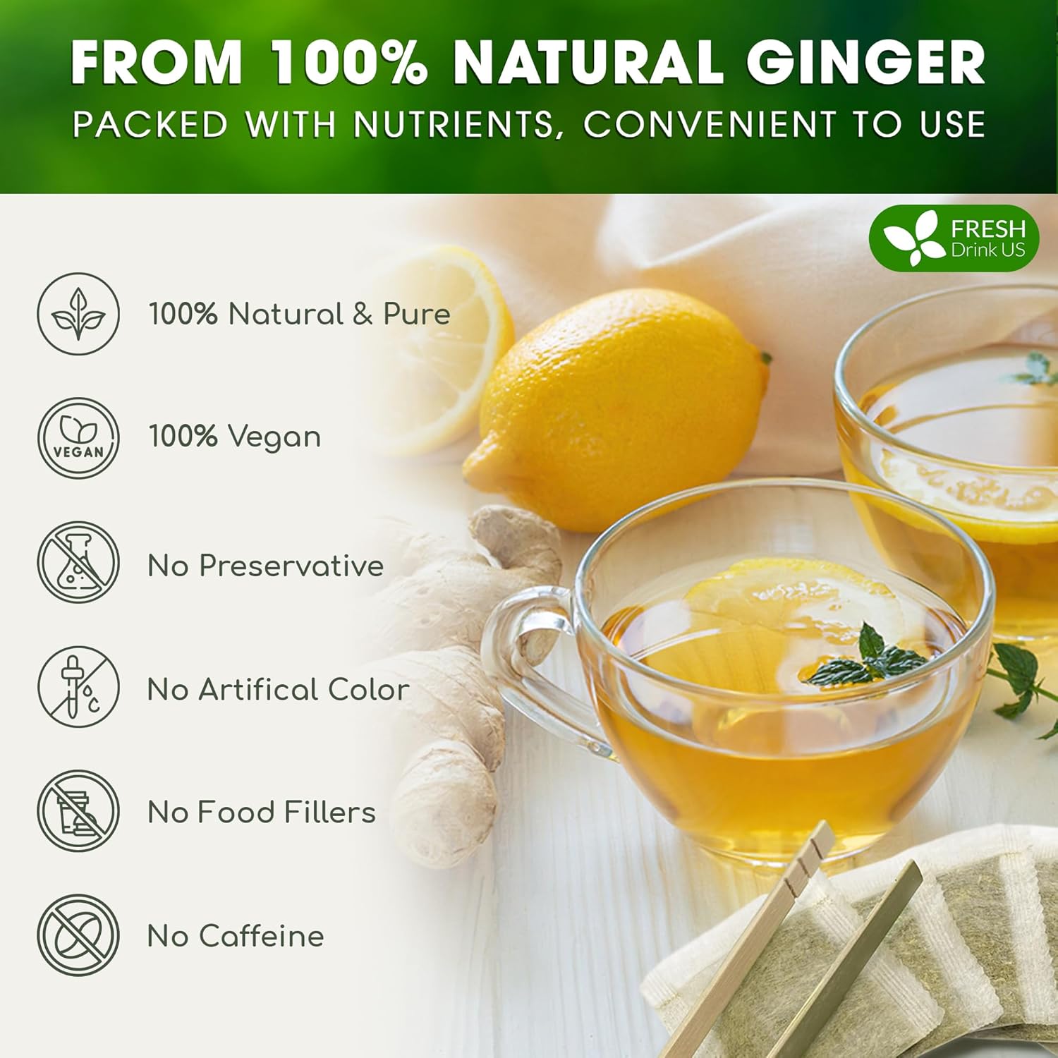 FreshDrinkUS, 120 Ginger Tea Bags, 100% Natural & Pure. Ginger Herbal Tea. No Sugar, No Caffeine, No Gluten, Vegan. - Image 4