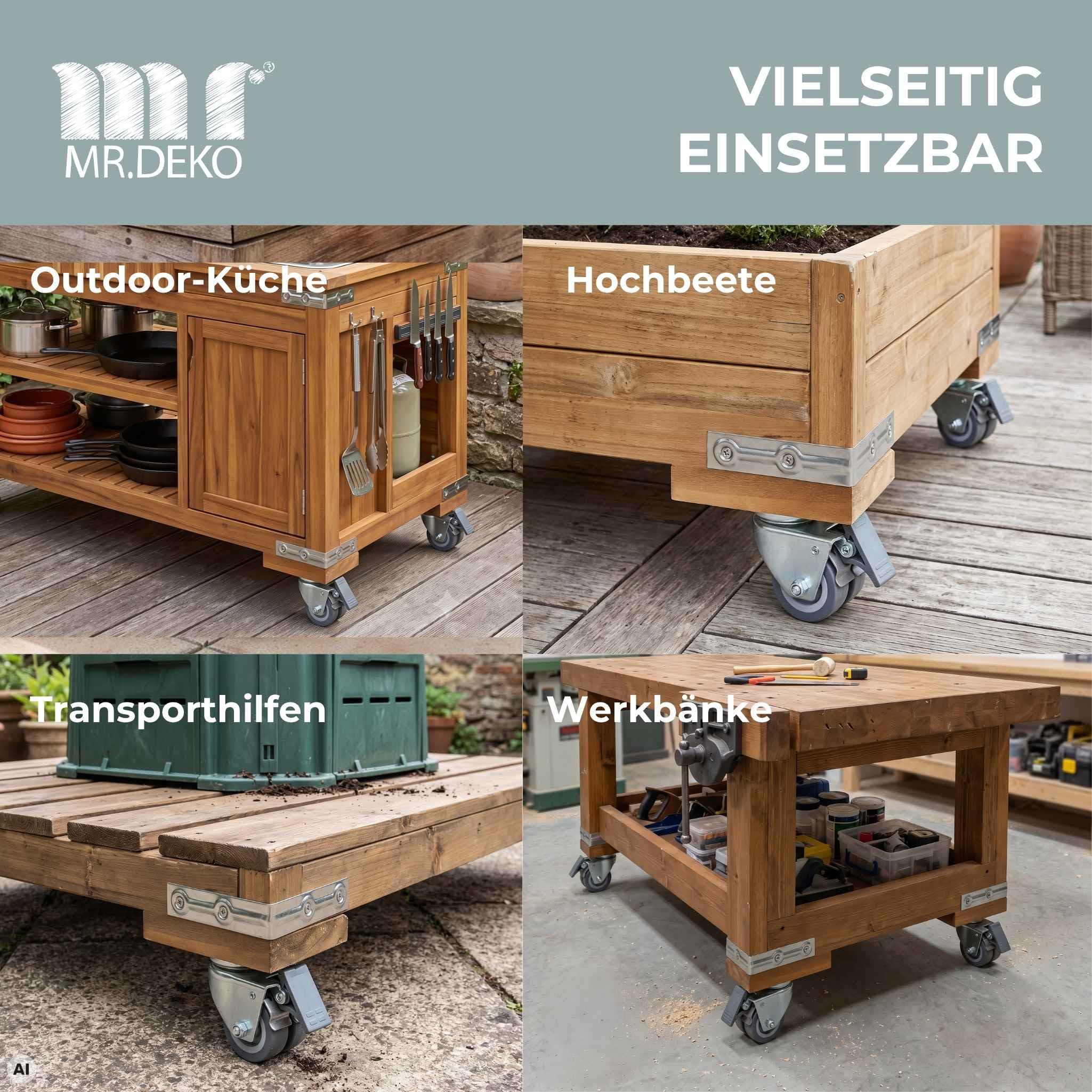 MR. DEKO Strandkorb-Rollen 6er Set mit Feststeller | Strandkorbrollen Ø52 mm Terrasse | Doppellenkrollen Schwerlast-Rollen 100kg | Gartenmöbel-Rollen Set 6 Stück Rostfrei
