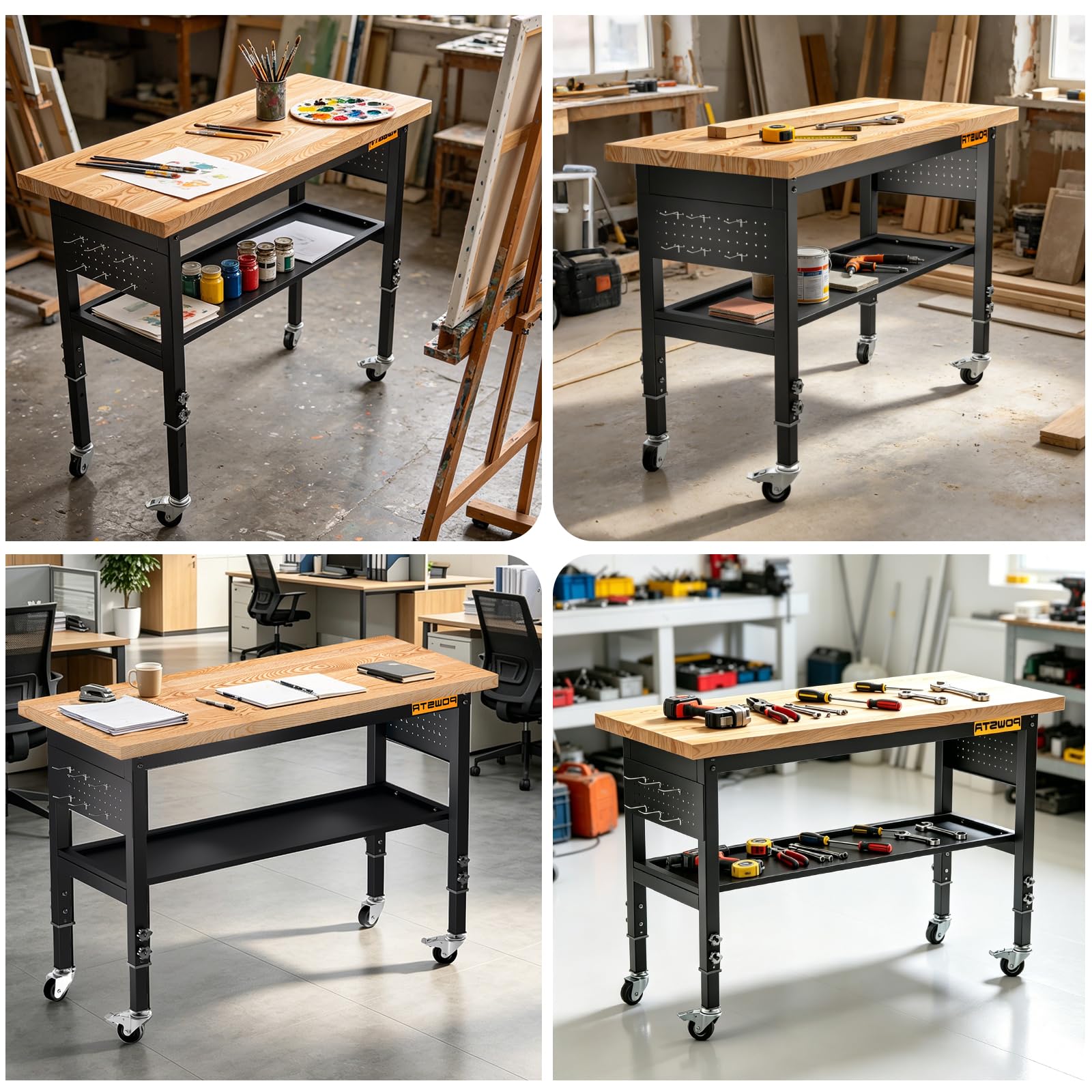 Schwerlast-Werkbank 120 cm, 900 kg Belastbar, 5-Stufig Höhenverstellbar, Gummiholz-Tischplatte, Lochplatte mit Haken, Doppelstöckig mit Rollen für Garage, Werkstatt & Büro