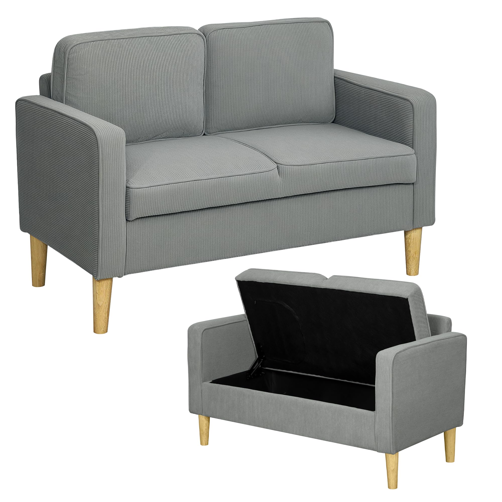 HOMCOM Sofa 2 Sitzer Couch mit 2 Armlehne Stauraum Hellgrau 117x63x79 cm | Kleine Loveseat, Cordoptik, Holzbeine, Modern Polstersofa, für Wohnzimmer, Schlafzimmer, Kleinen Raum