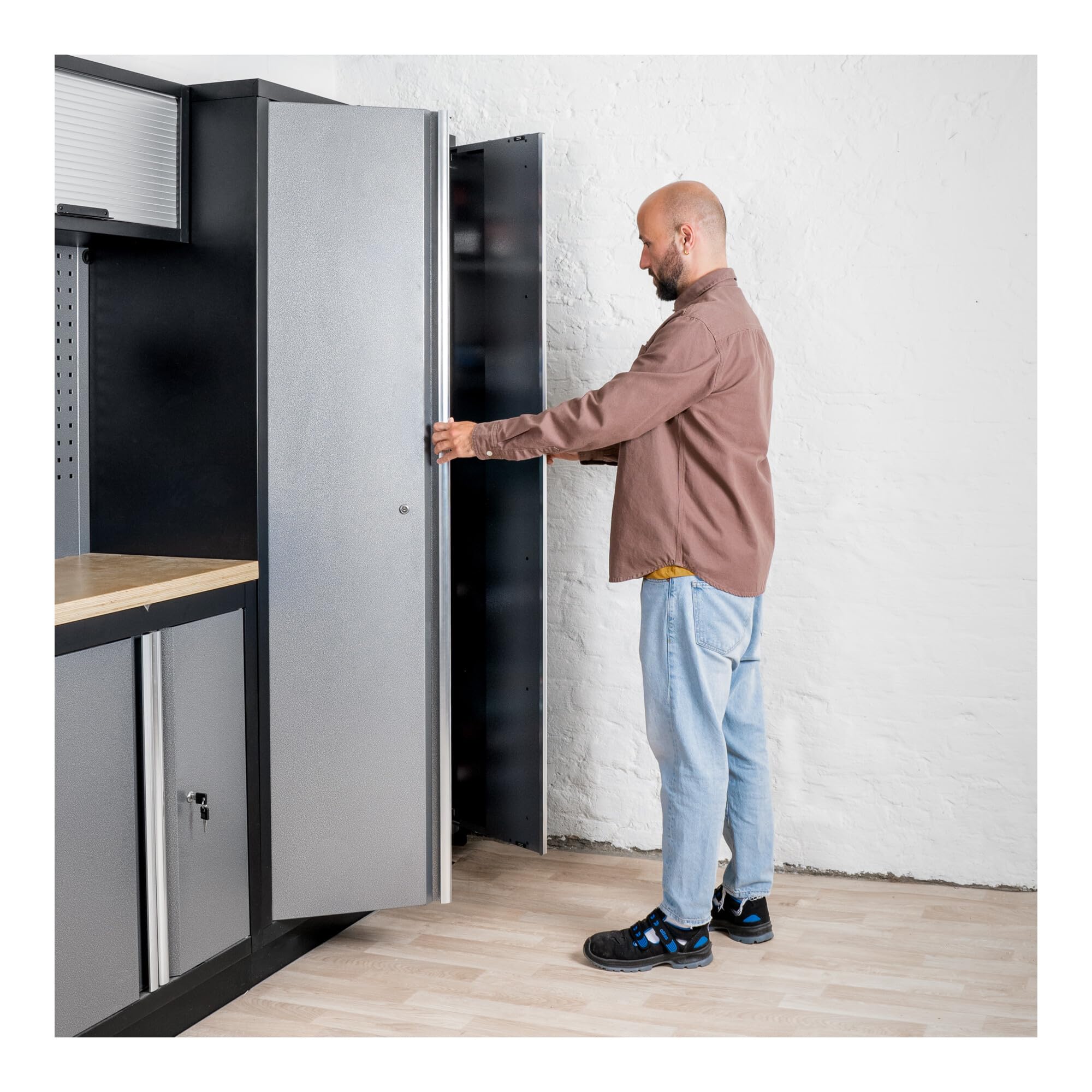 STIER Werkstatteinrichtung Basic, 6-teilig, modular, mit Lochwand und Multiplex-Arbeitsplatte, BxTxH 4235x460x2000mm