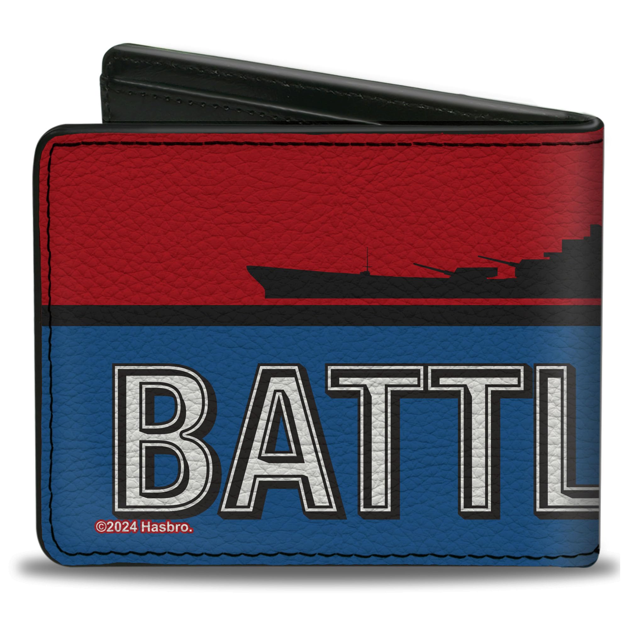 Buckle-Down Hasbro Wallet, Bifold, Battleship Ship Silhouette and Text Red Blue Black White, Vegan Leather