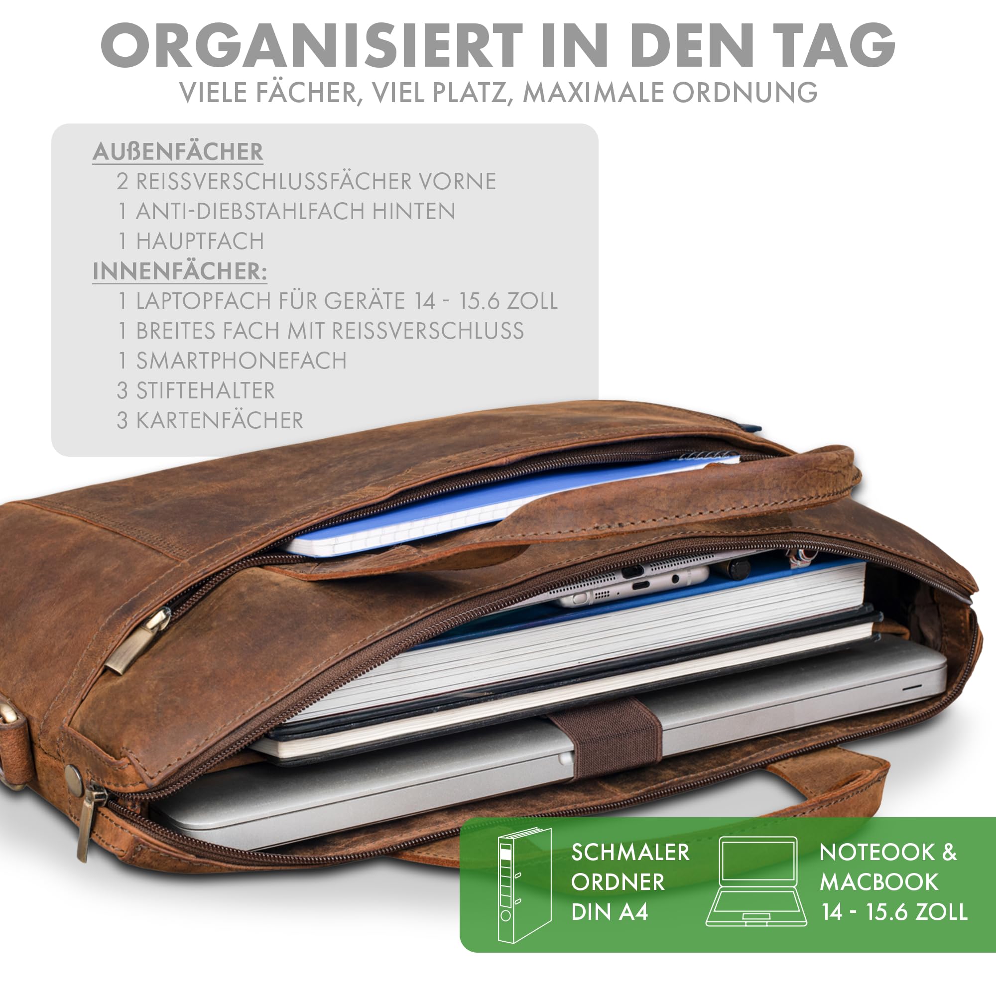 ROYALZ 'Seattle' Moderne Ledertasche Herren aus Echtleder groß - ideal als Business Aktentasche flache Laptoptasche 14-15.6 Zoll zum Reisen mit Trolley Halter;Farbe:Roma Cognac Braun