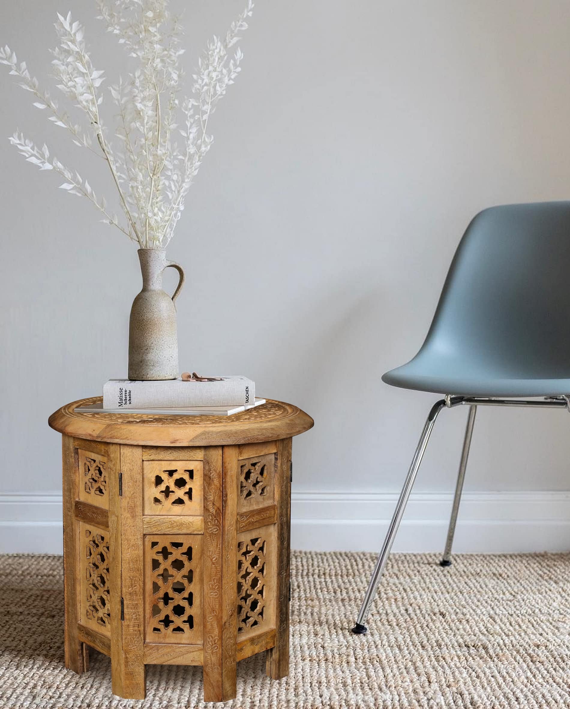 topfurnishing Beautiful Round Natural Pine Hand Carved Indian Shesham Wooden Coffee Table Side (Natural, Medium 15"x15"x15") — image 1
