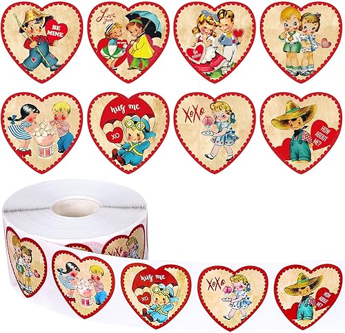 Whaline 1000 calcomanías para el día de San Valentín, estilo vintage, con forma de corazón, autoadhesivas, rollo de estilo retro, calcomanías de