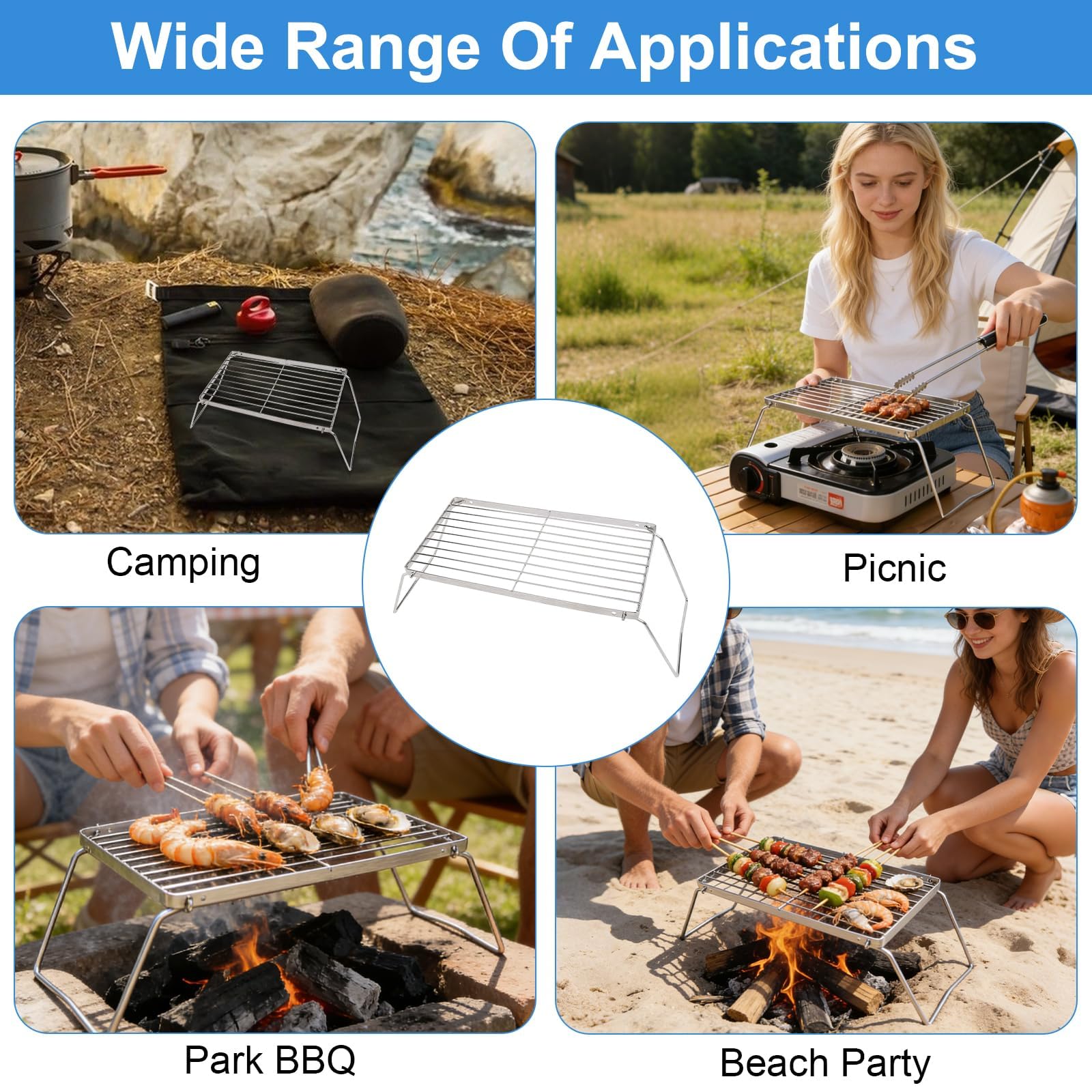 Griglia pieghevole da campeggio, 30 x 16 cm, per barbecue portatile, per campeggio, campeggio, campeggio, escursionismo, picnic, pesca