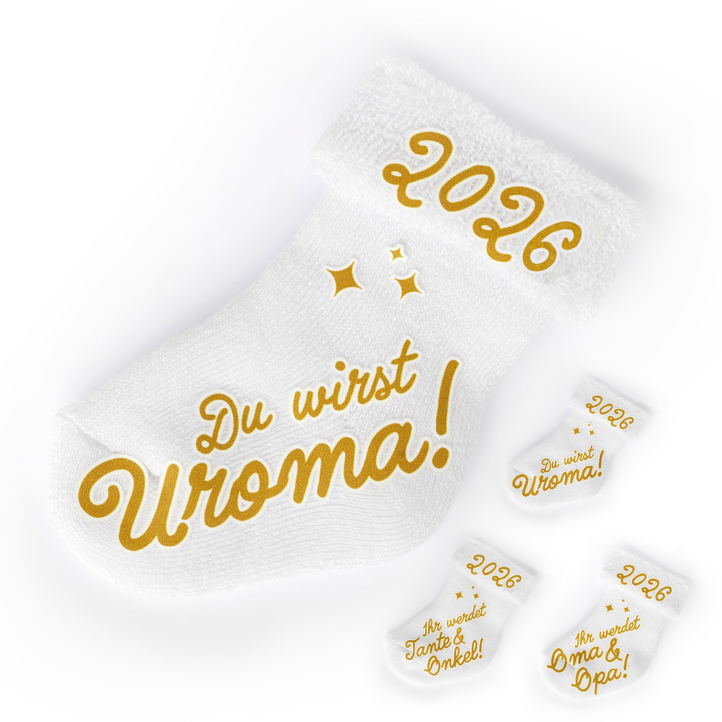 goldprintz I Du wirst Uroma I Schwangerschaft verkünden 2026 I goldig bedruckte Babysocke I herzliches Geschenk I und Uropa I Oma und Opa I Tante und Onkel I Papa