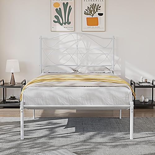 Miniatura 62 de VECELO Base de cama de plataforma metálica de tamaño matrimonial con cabecera y estribo, base de colchón de soporte de listones resistentes, no