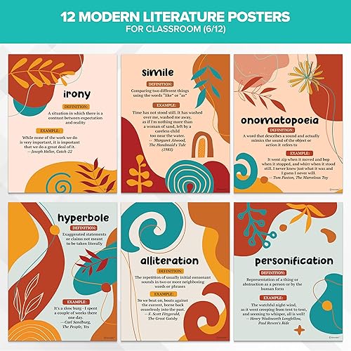 Miniatura 3 de Decorably 12 pósteres modernos de lenguaje figurativo para aula, 11 x 14 pulgadas, laminados mate, carteles educativos ELA para escuela secundaria,
