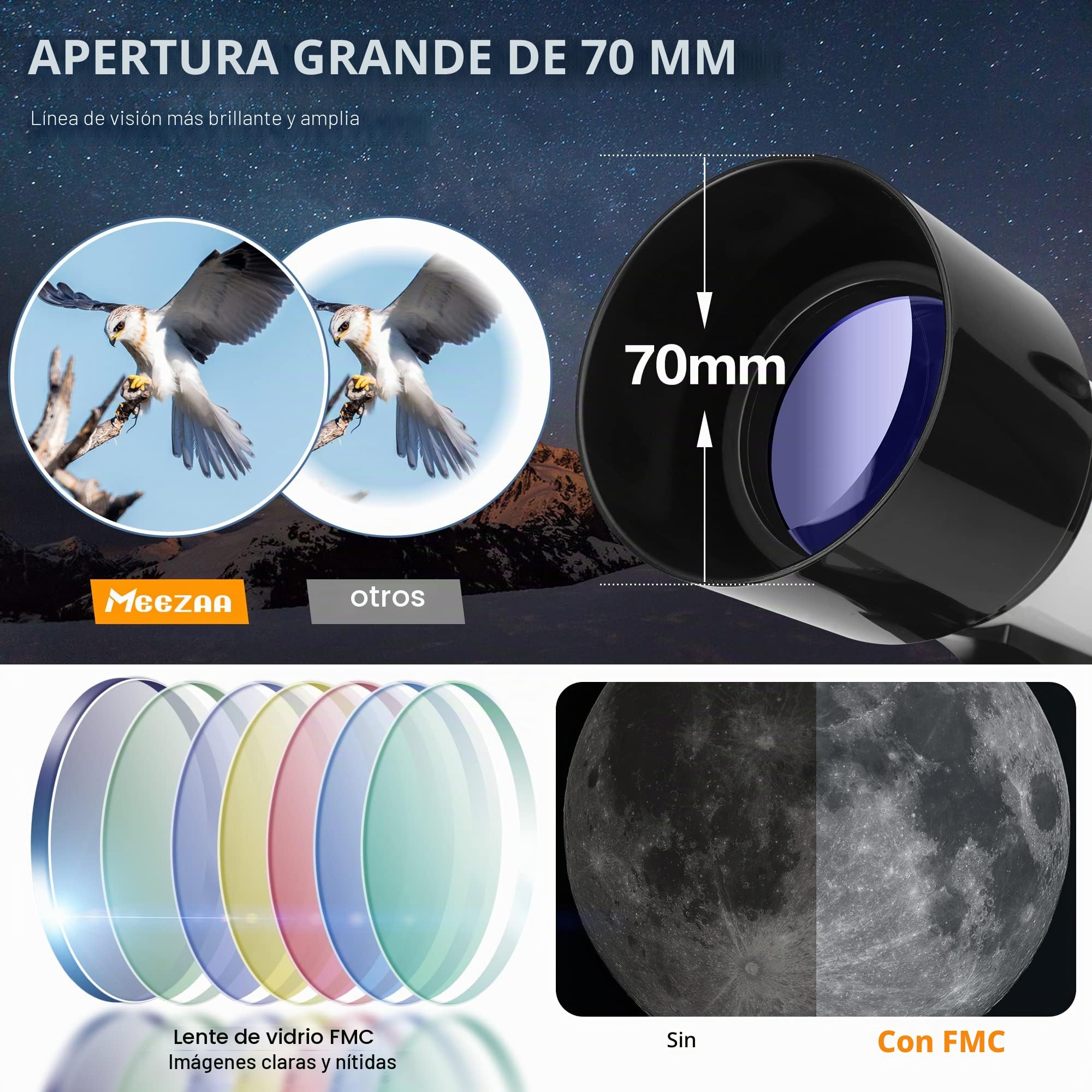 MEEZAA Telescopio Astronómico Profesional para Niños y Adultos, 70 mm Apertura Telescopio Refractor Astronómico para Principiantes, Telescopios de Viaje Portátil con Trípode, Adaptador de Teléfono