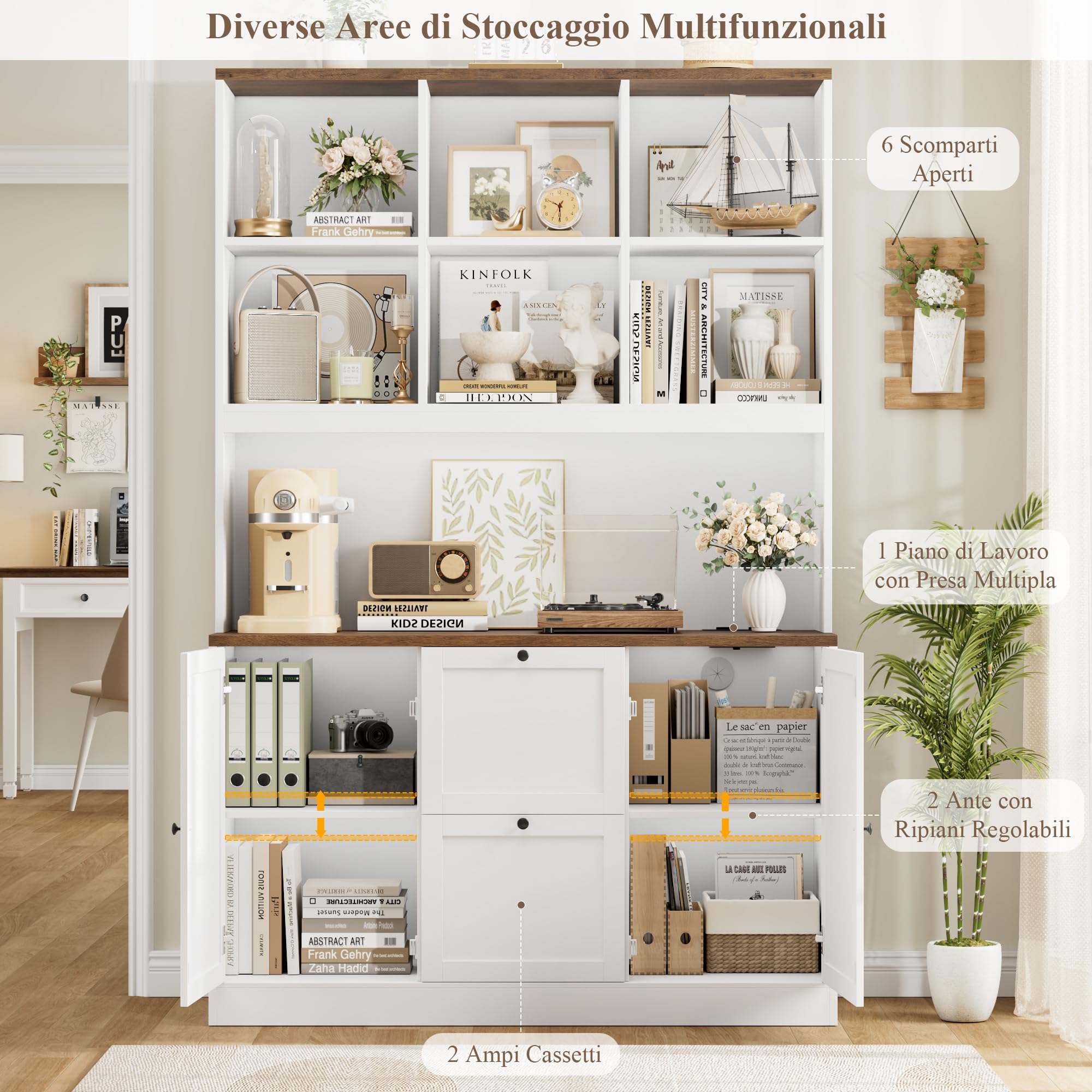 FirFurd Libreria Verticale con Presa di Corrente, Schedario da Ufficio a Ripiani Regolabili, Libreria da Parete a Ampio Piano di Lavoro, Cassettiera per Cartelle Sospese,116x40x182 cm (Bianco)
