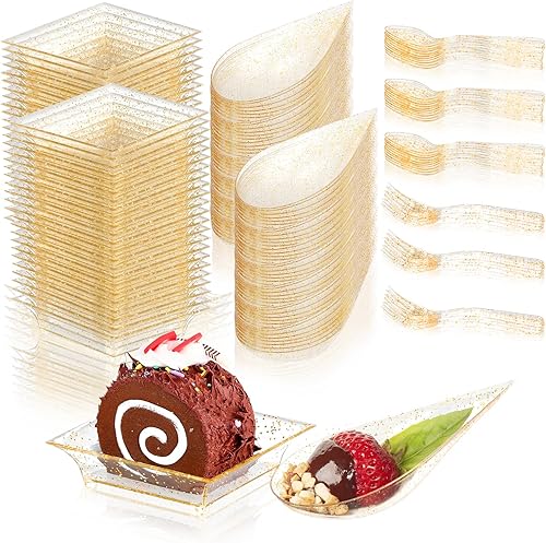 XUWAIDSGN Juego de 100 platos dorados para aperitivos, platos de postre cuadrados y lágrimas con tenedores y cucharas, bandeja para servir
