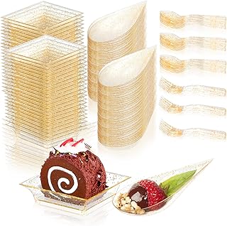 100 Pieces Gold Mini Appetizer Plates set 50 Pieces Tear Drop Mini Appetizer Plates with Forks 50 Pieces Mini Square Dessert Plates Gold with Forks and Spoons Party Mini Serving Tray for Chocolates