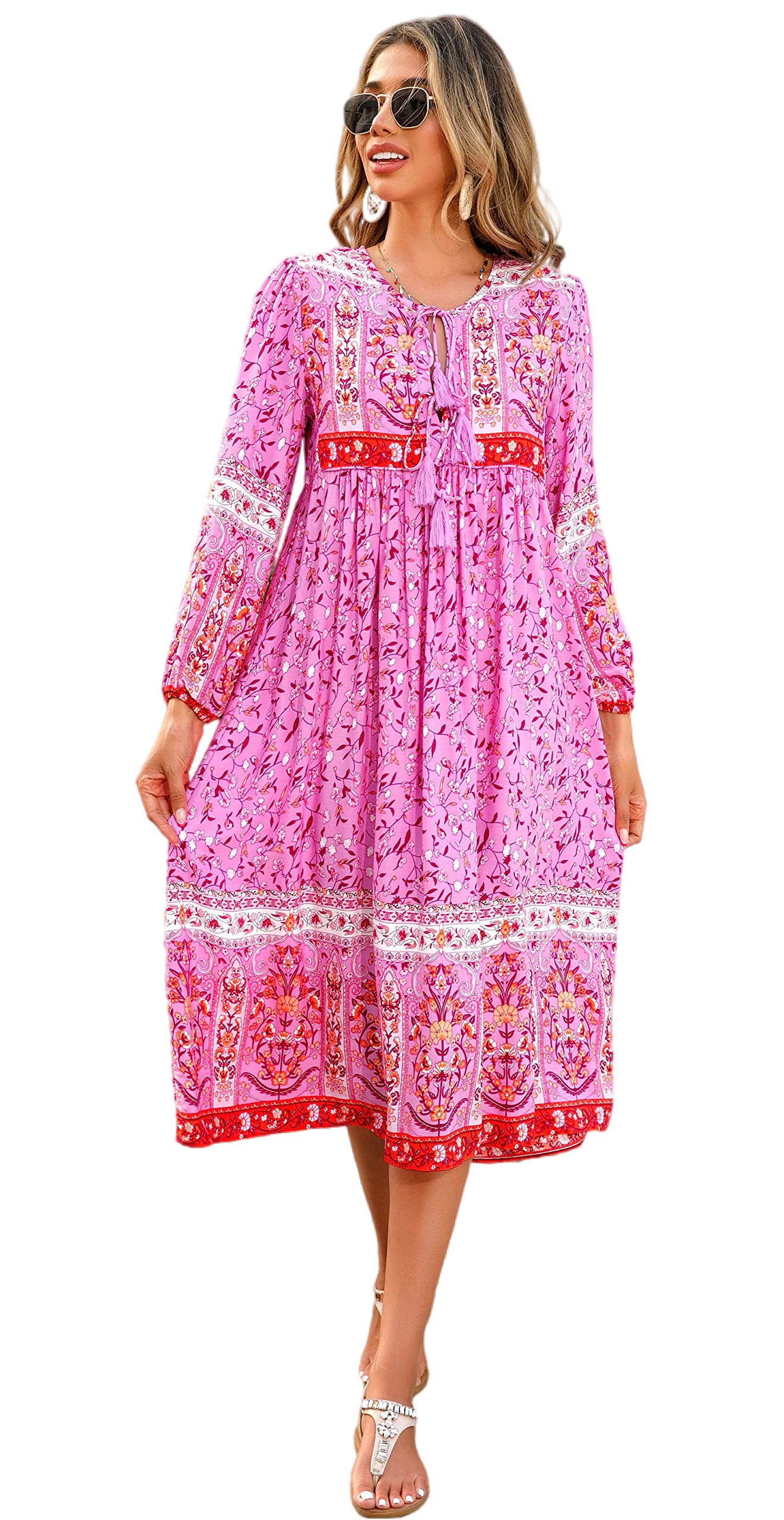 (4p. pack) Fuchsia V-Neck Printed Midi Dress - T-80 main image 0