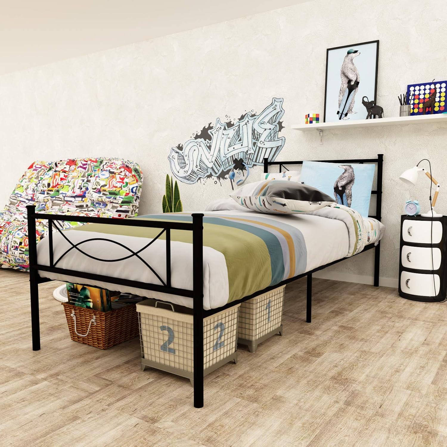 Twin Bed Frame with Two Headboards Metal Platform Bed for Kids Girls Boys Adults Mattress Foundation Stable Metal Slats Support Box Spring Replacement, Black