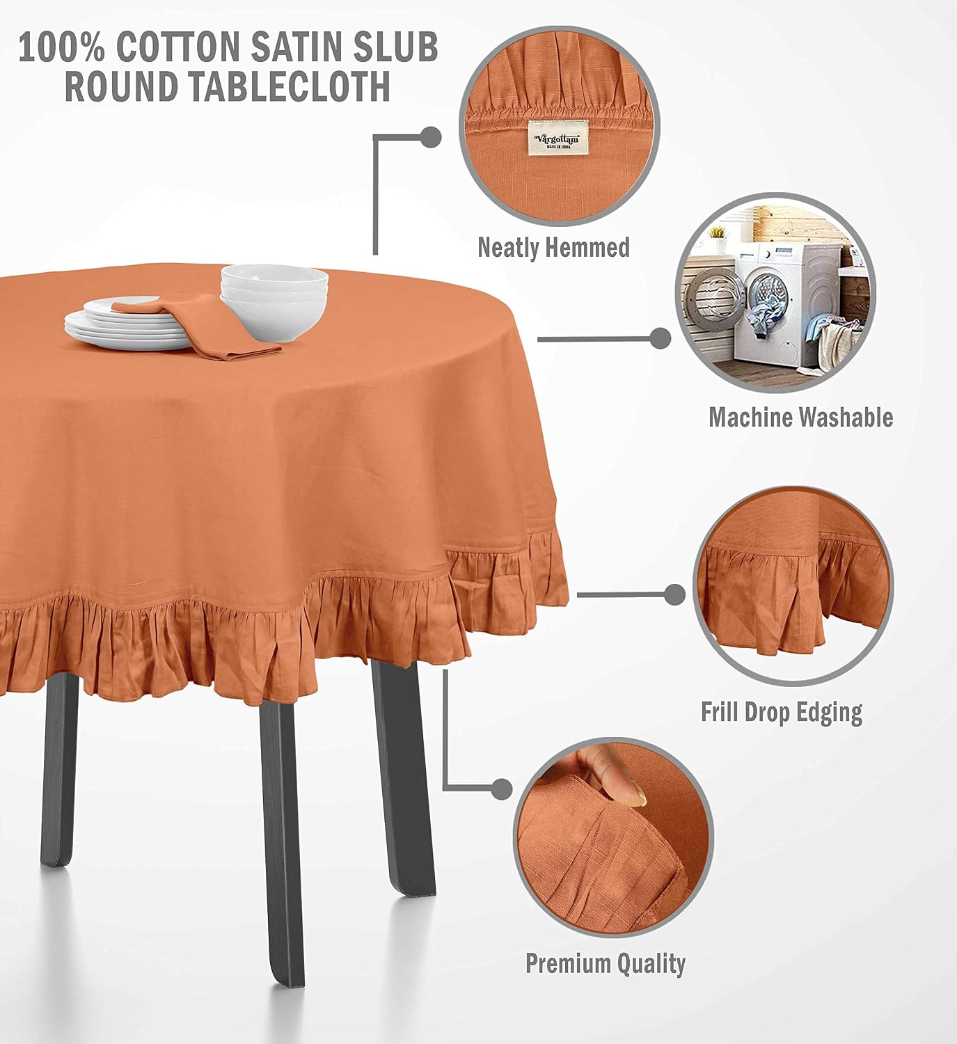 Ruffle Tablecloth Kitchen Dining Tabletop Cover Decoration Cotton Solid Table Cover Round, Light Peach-54 Inches Diameter