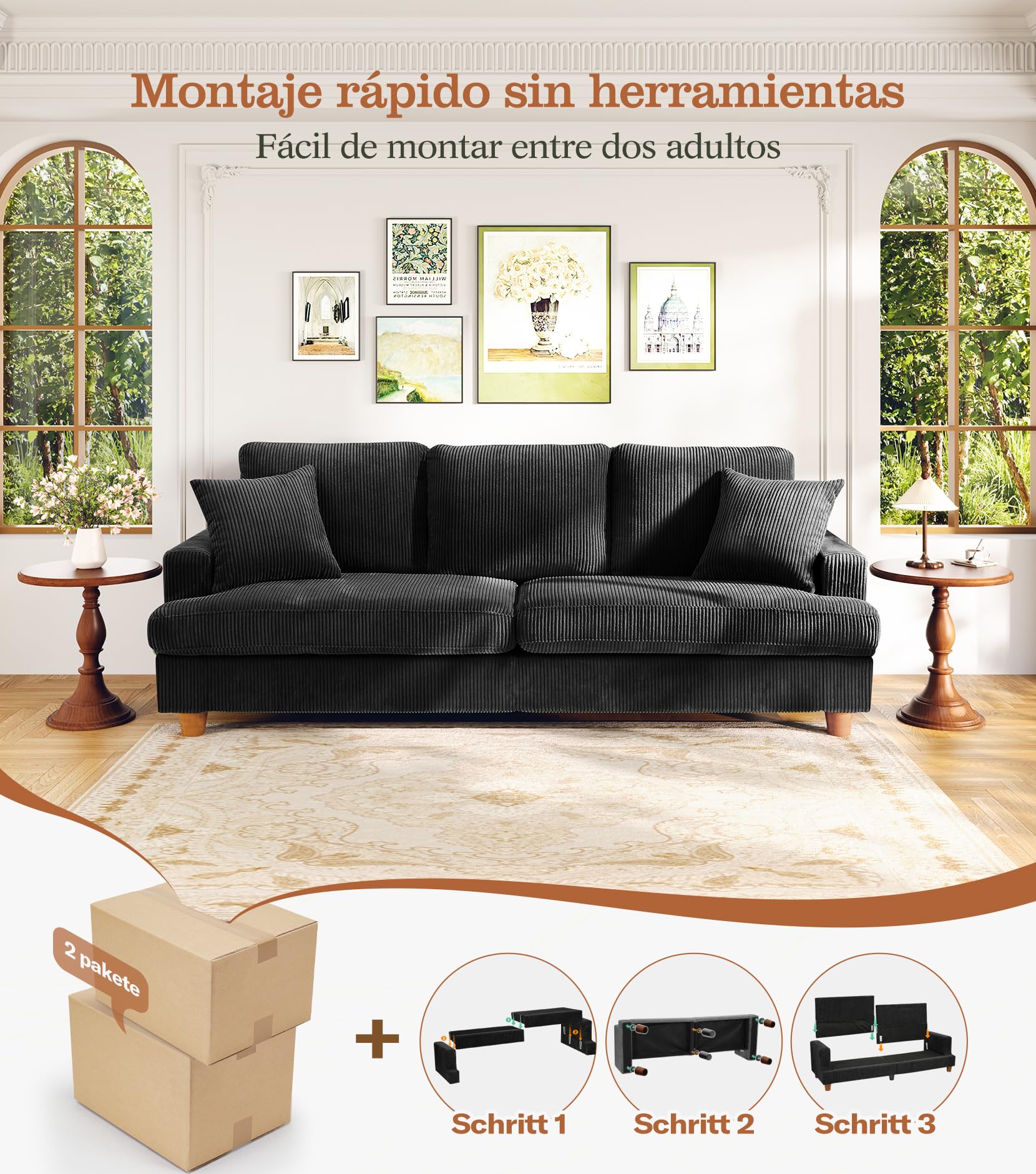 Kidirect Sofá de Pana de 3 plazas, 221 cm cómodo sofá de 53 cm Asientos Extra Profundos, sofá de salón Montaje sin Herramientas sofá Grande con 2 Cojines, sofá Moderno para Oficina, Negro