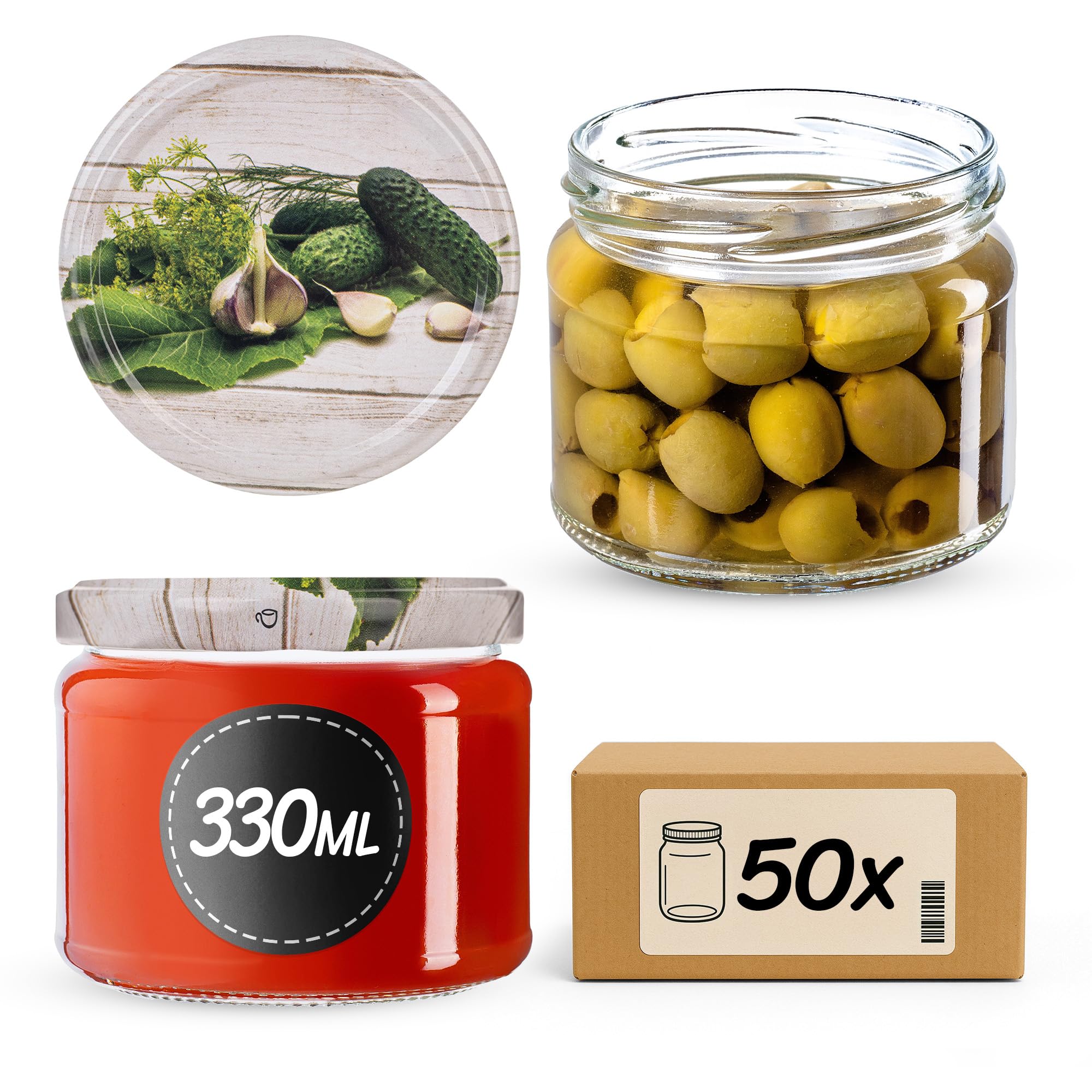 KADAX 50er Set Marmeladengläser 330ml TO82 Einlegegurken, Einmachgläser Vorratsgläser Mason Jar mit Schraubdeckel, Luftdichte Schraubgläser, Honig & Konfitüre