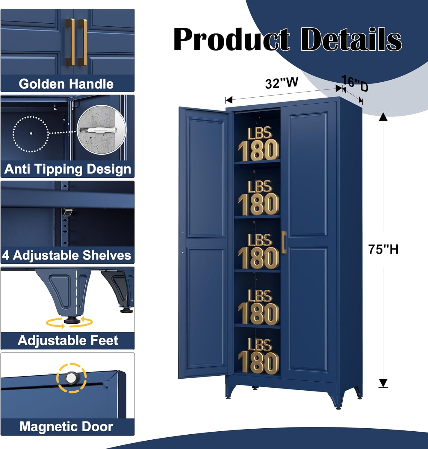 SteeLoong Kitchen Pantry Cabinet,75”Blue Metal Storage Cabinets with Doors and 4 Adjustable Shelves,Kitchen Cabinet with 2 Gold Handles,Tall Cabinet for Livingroom,Pantry, Bathroom