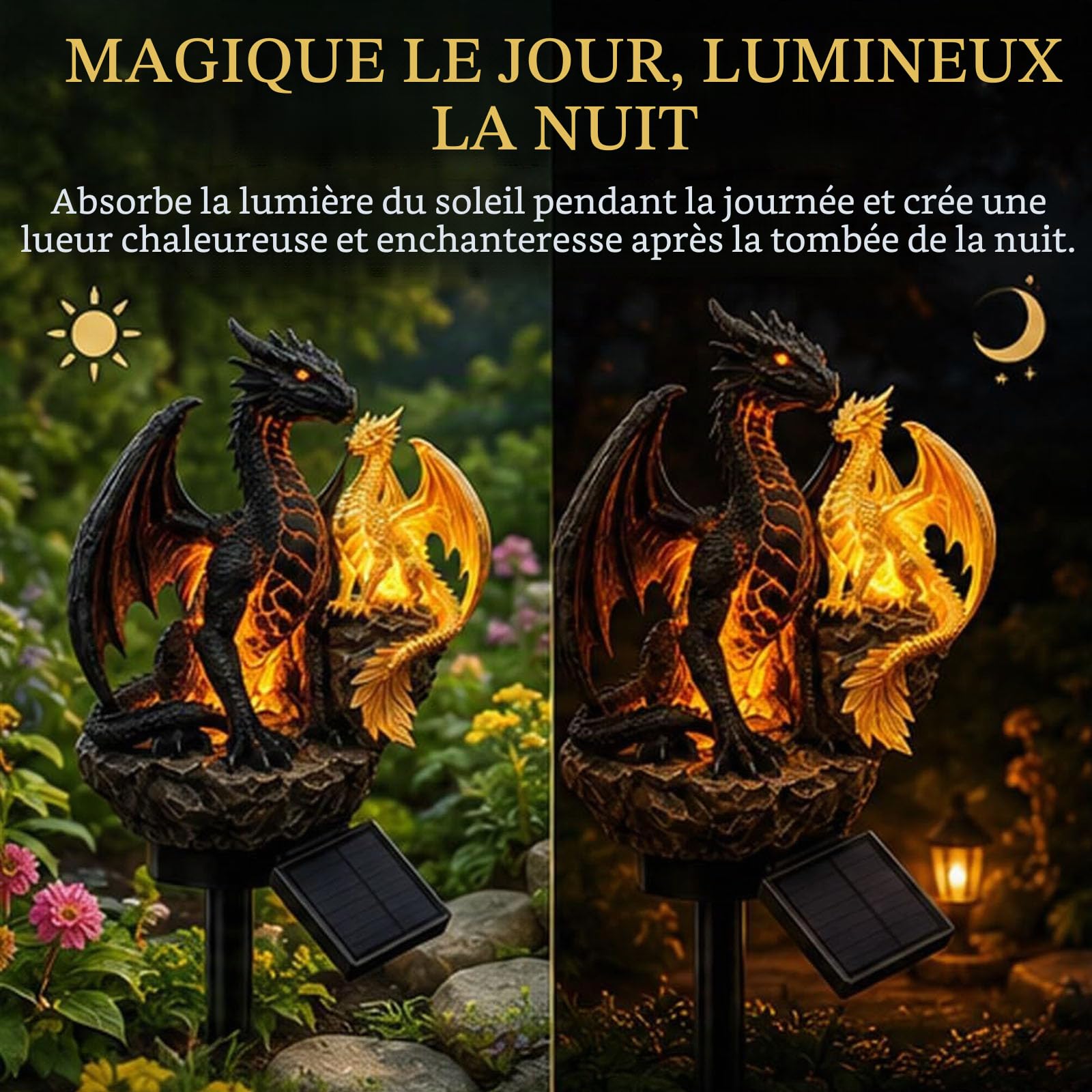 Dragon Legacy Golden Ember Edition Lampe solaire de jardin en forme de dragon, lampe solaire en forme de braise dorée, lampe figurine de statue jardin de dragons,gothique médiévale fantastique (1pc)