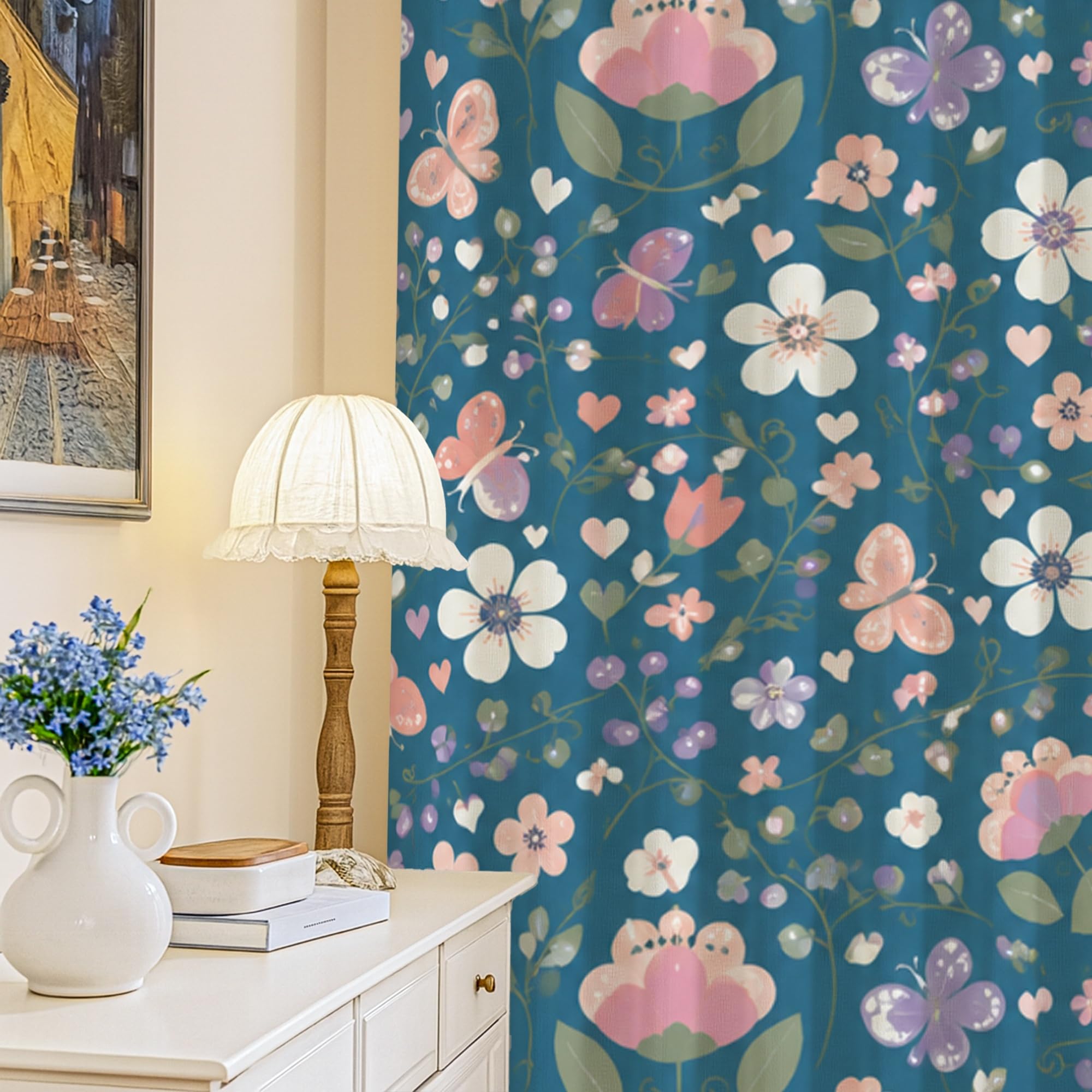 Rideaux occultants bleu sarcelle au design raffiné de papillon et fleurs