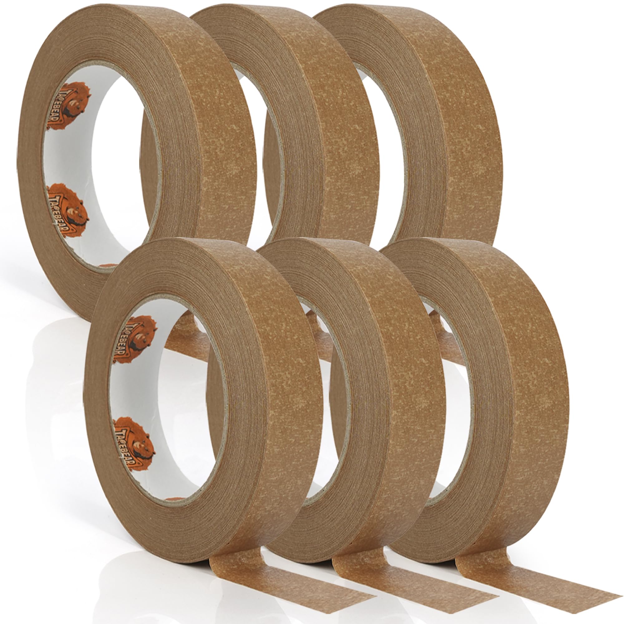TAPEBEAR Cinta de Papel Kraft Ecológica, 24mm x 50m, 6 Rollos, Cinta para Embalaje Reciclable y Escribible, Superficie No Recubierta para Enmascarar y Sellado