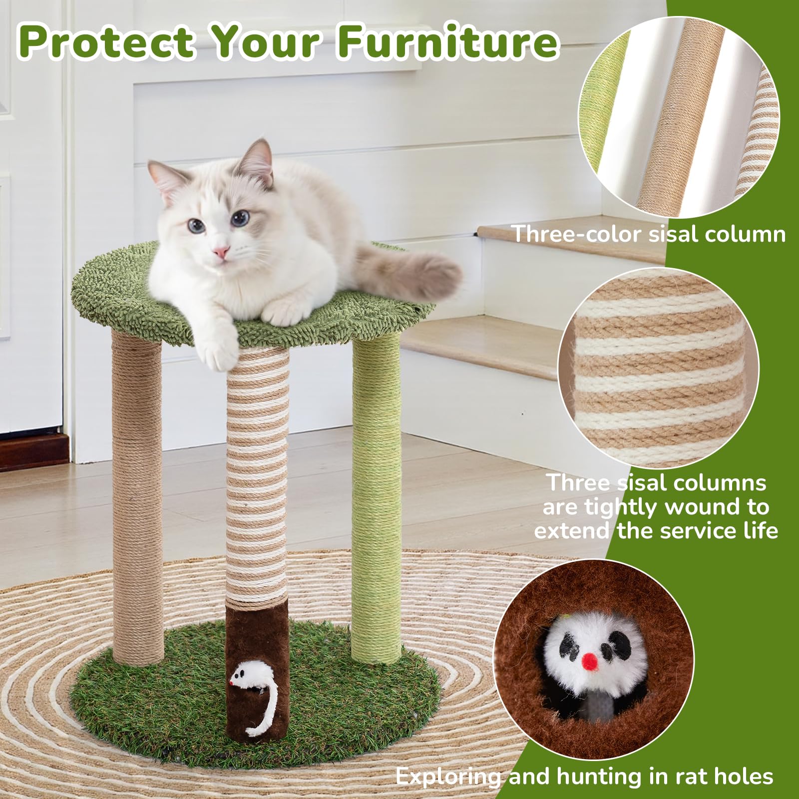 WOOCHPET Tiragraffi a torre con 3 tronci, altezza 55,9 cm, in sisal con divertente giocattolo per gatti e gatti adulti, piccola torre di gatto e asta per gatti indoor (verde)