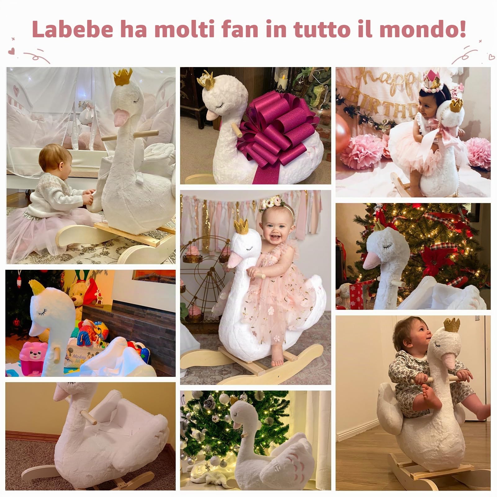 Labebe Cavallo Dondolo Legno, Peluche Bambini di Cigno Bianco per 6-36 Mesi, Sedia Dondolo Neonati/Giochi Cavalcabili