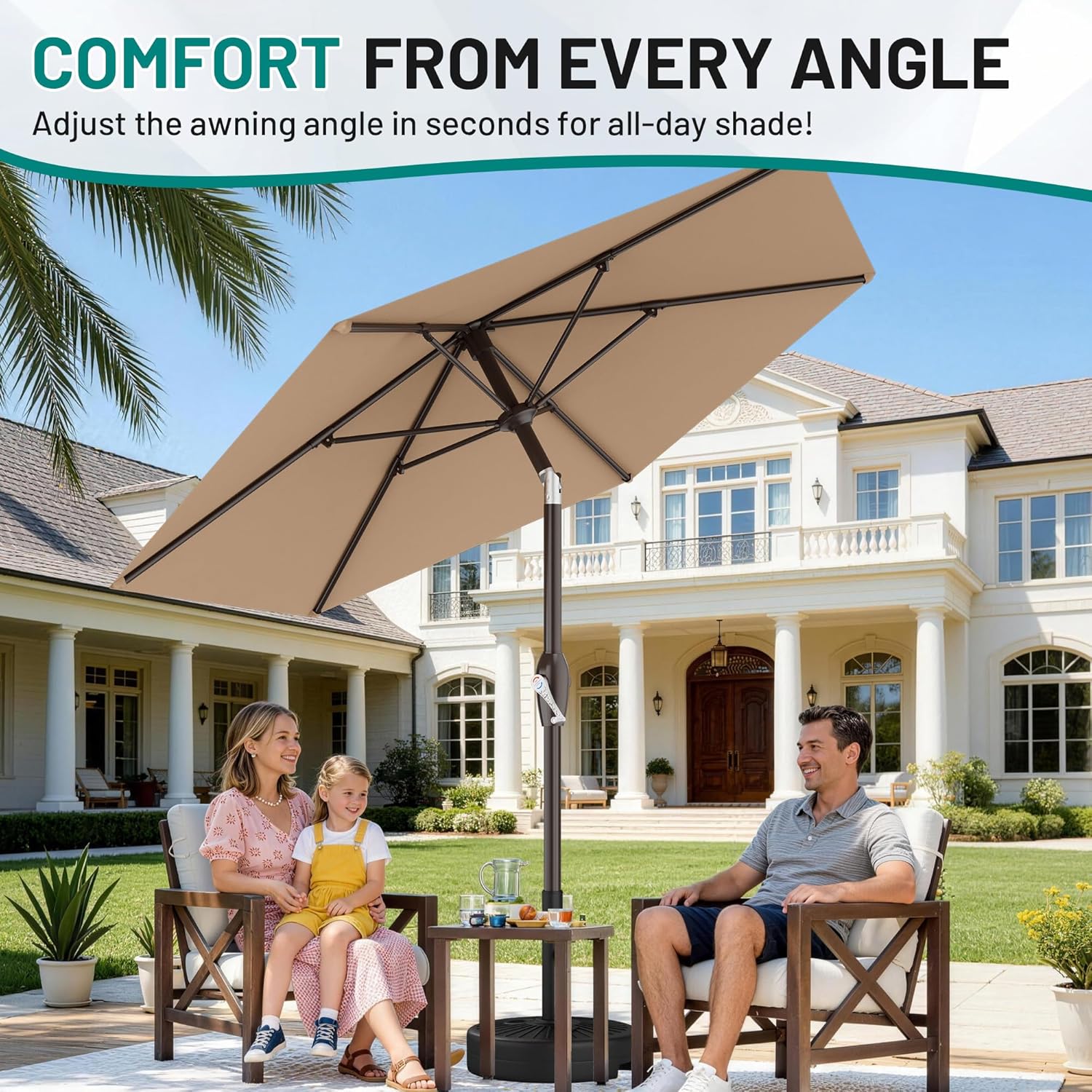 AreShark 7.5FT Patio Umbrella Table Market Umbrella with 6 Sturdy Ribs, Button Tilt/Crank, Heavy-Duty Outdoor Umbrellas for Pool, Deck, Garden and Backyard, Beige